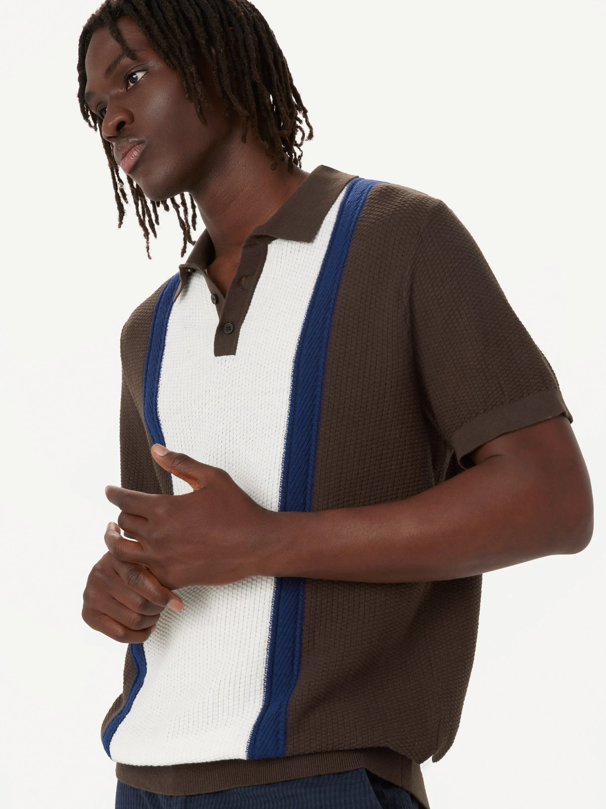 The Mixed-Stitch Polo in Chocolate Brown sold by Frank & Oak