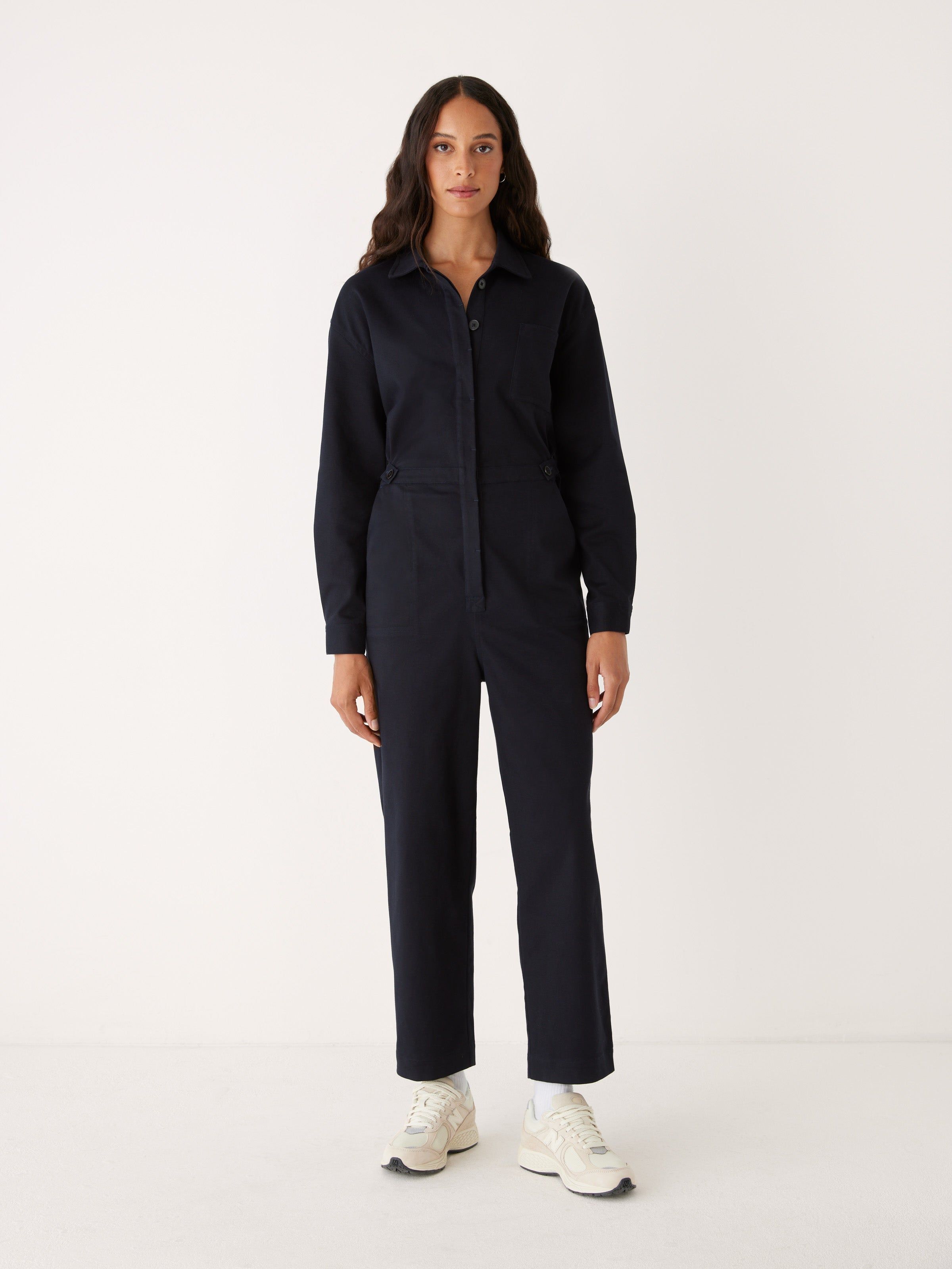 The Organic Cotton Twill Jumpsuit in Dark Blue sold by Frank & Oak