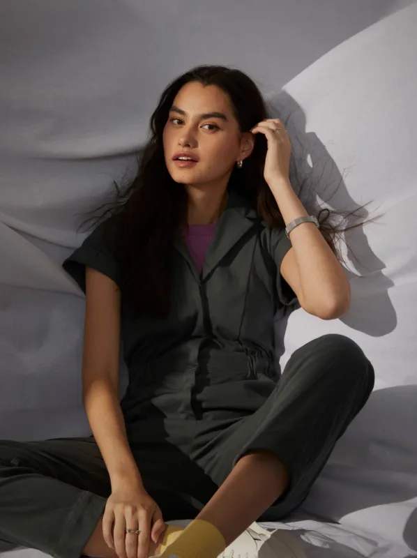 The Flex Commuter Jumpsuit in Smoked Green made by Frank & Oak