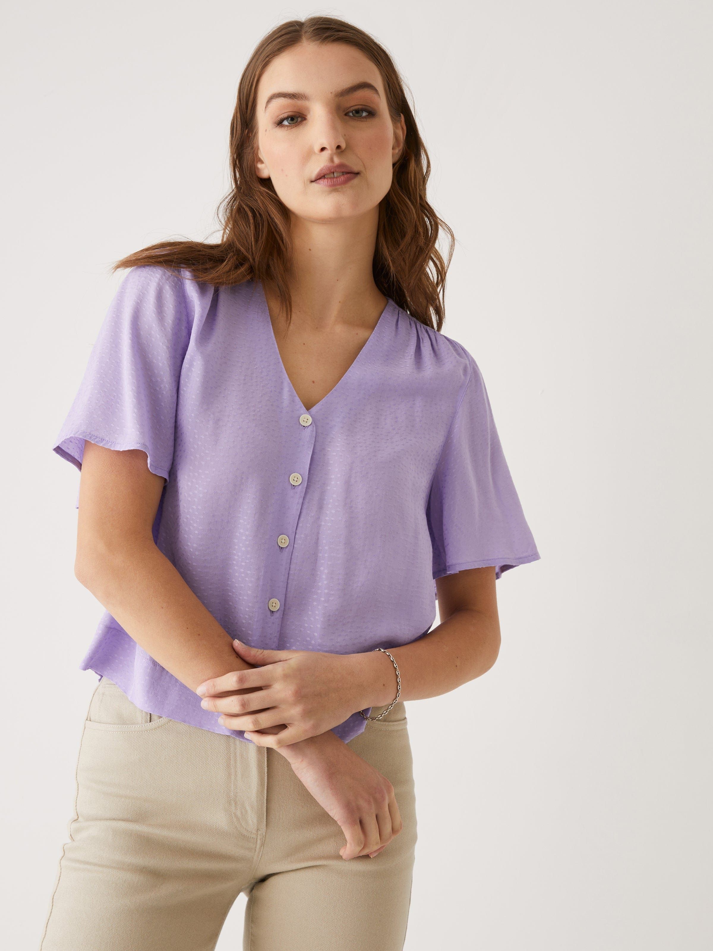 Ruched Flutter Sleeve Blouse in Purple sold by Frank & Oak