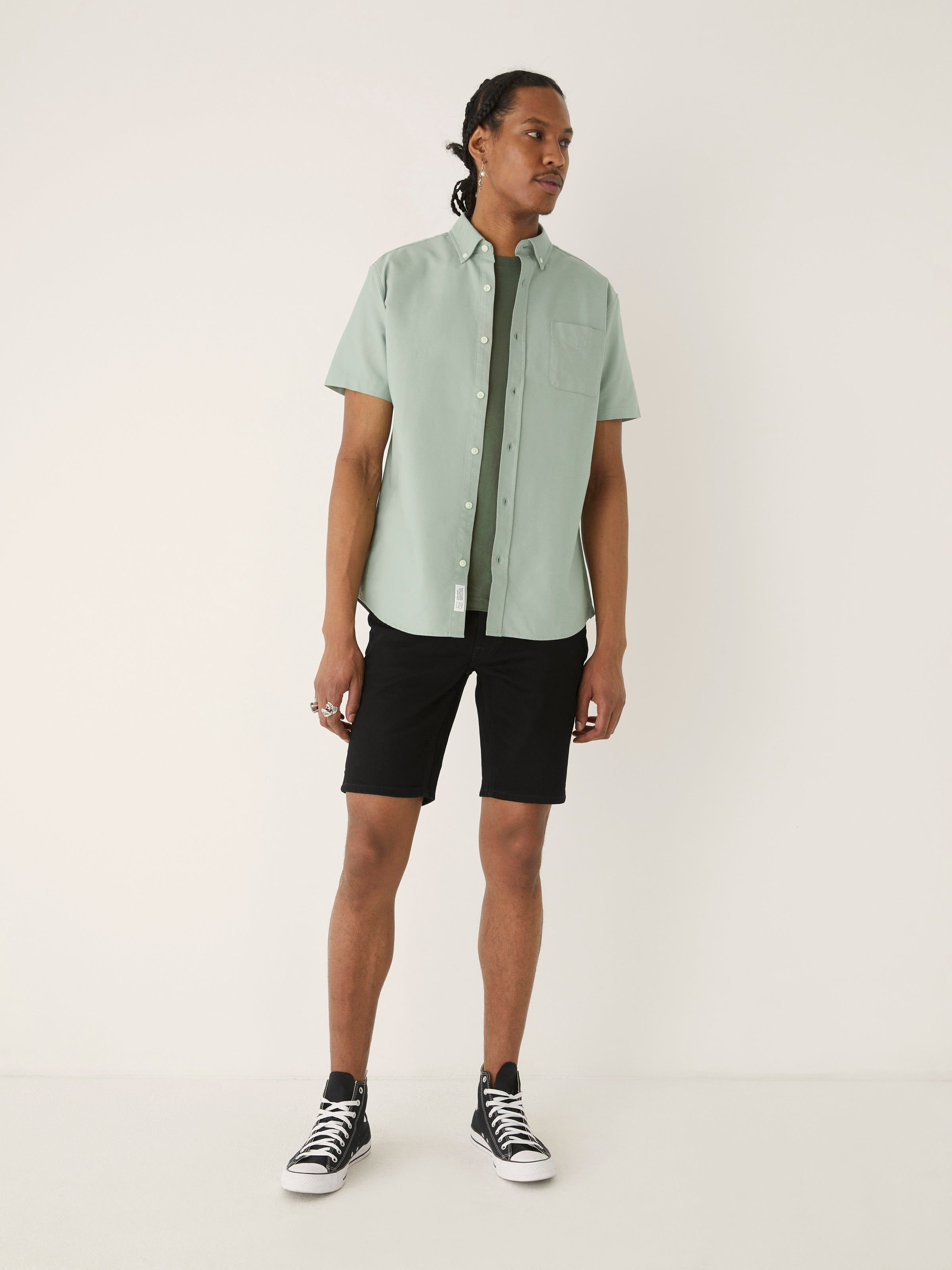 The Short-Sleeved Jasper Oxford Shirt in Thyme sold by Frank & Oak