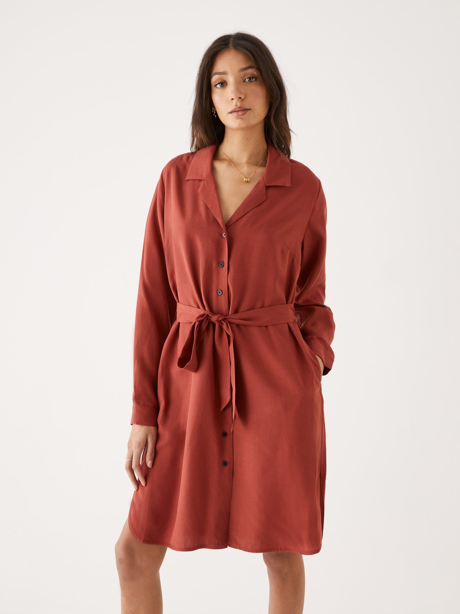 The Belted Shirt Dress in Deep Red sold by Frank & Oak