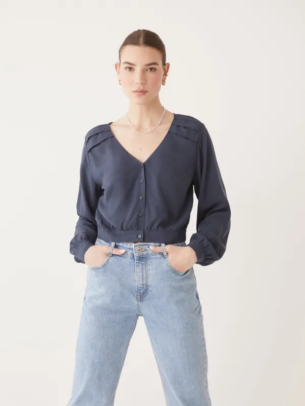 The Cropped Long Sleeve Blouse in Navy sold by Frank & Oak