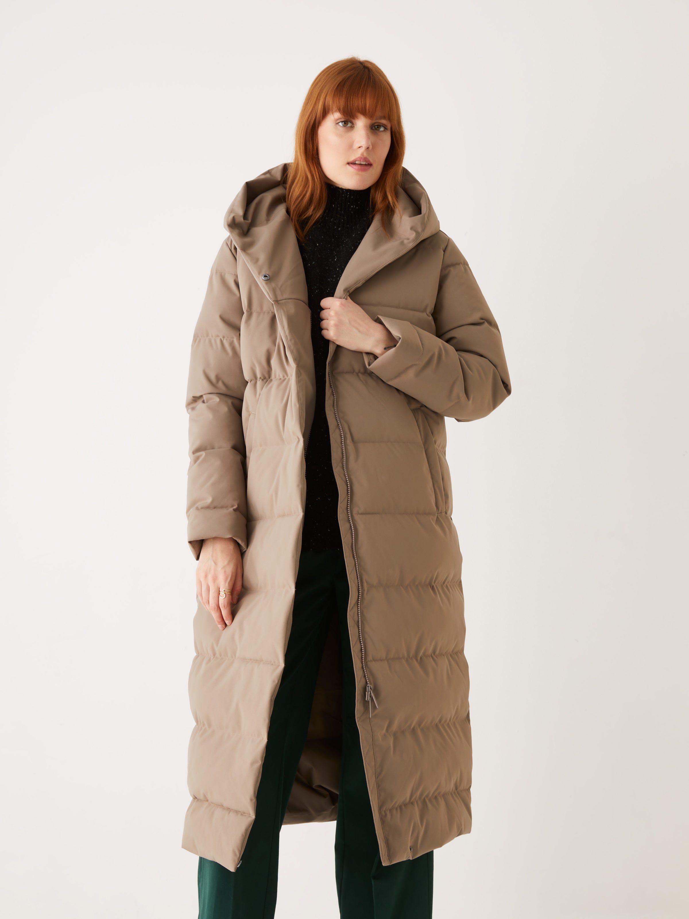 The Highland Long Puffer Coat in Walnut sold by Frank & Oak