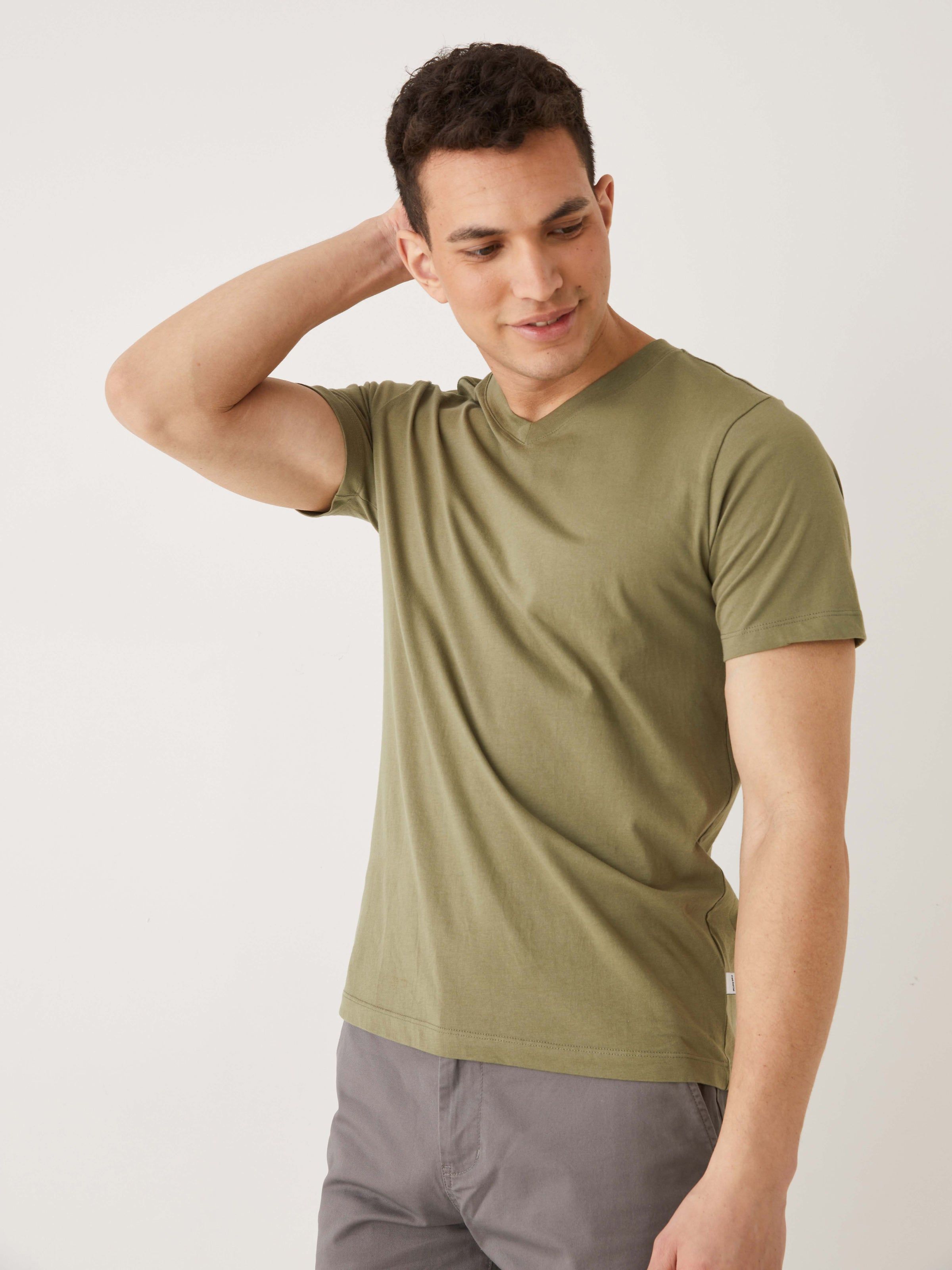 The Essential V-neck T-Shirt in Lichen Green sold by Frank & Oak