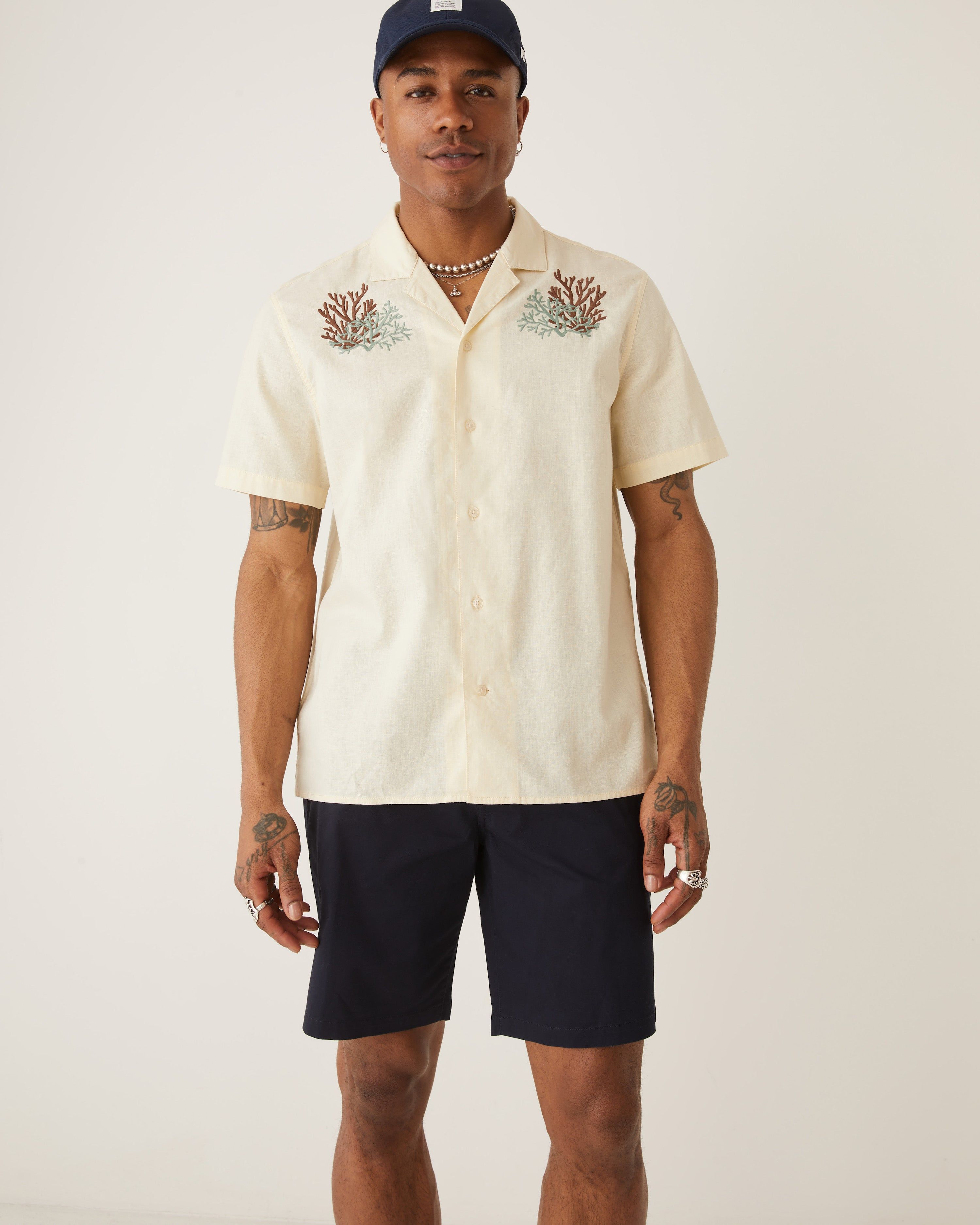 The Embroidered Resort Shirt in Lemon Icing sold by Frank & Oak