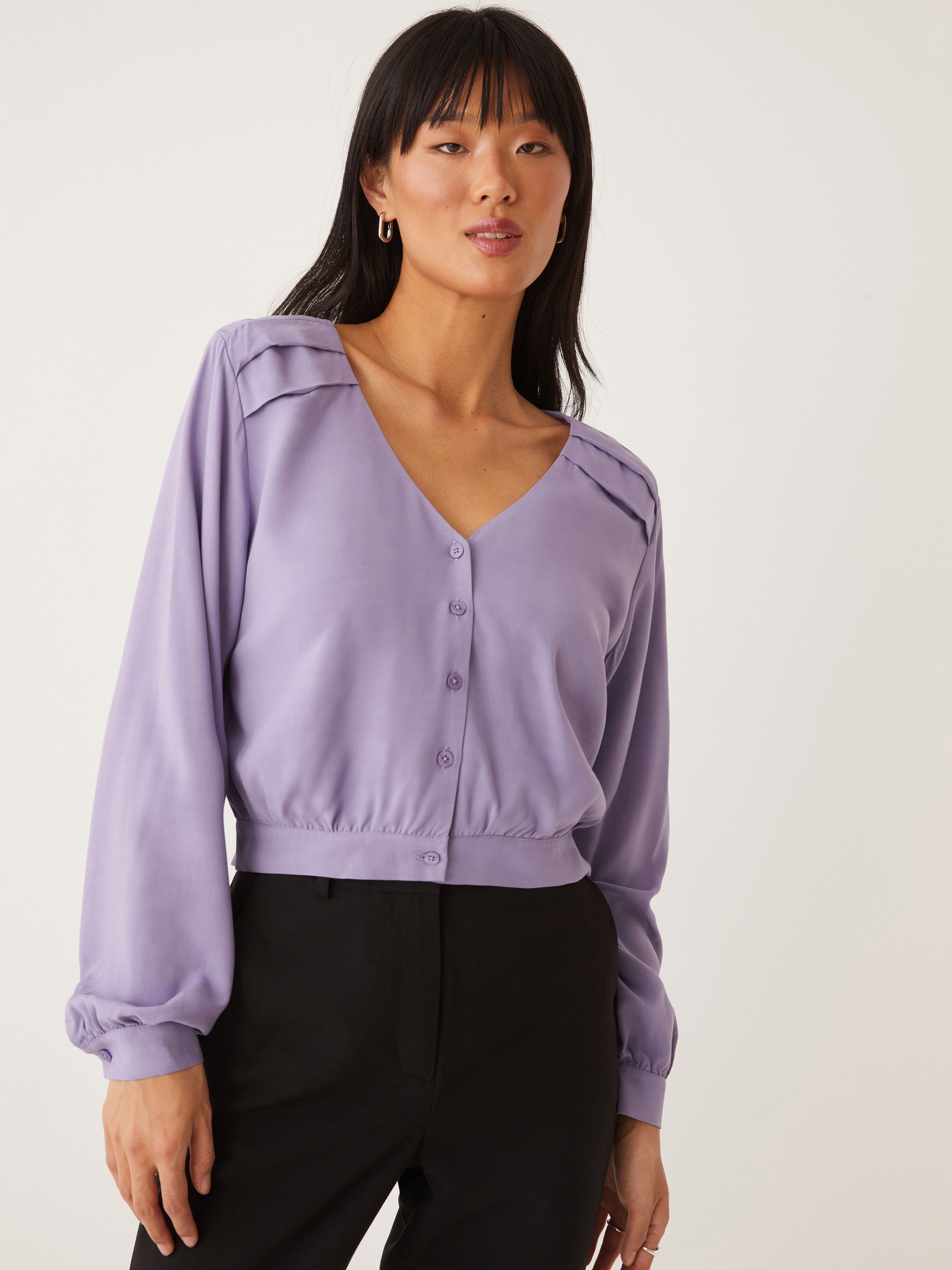 The Cropped Long Sleeve Blouse in Orchid sold by Frank & Oak