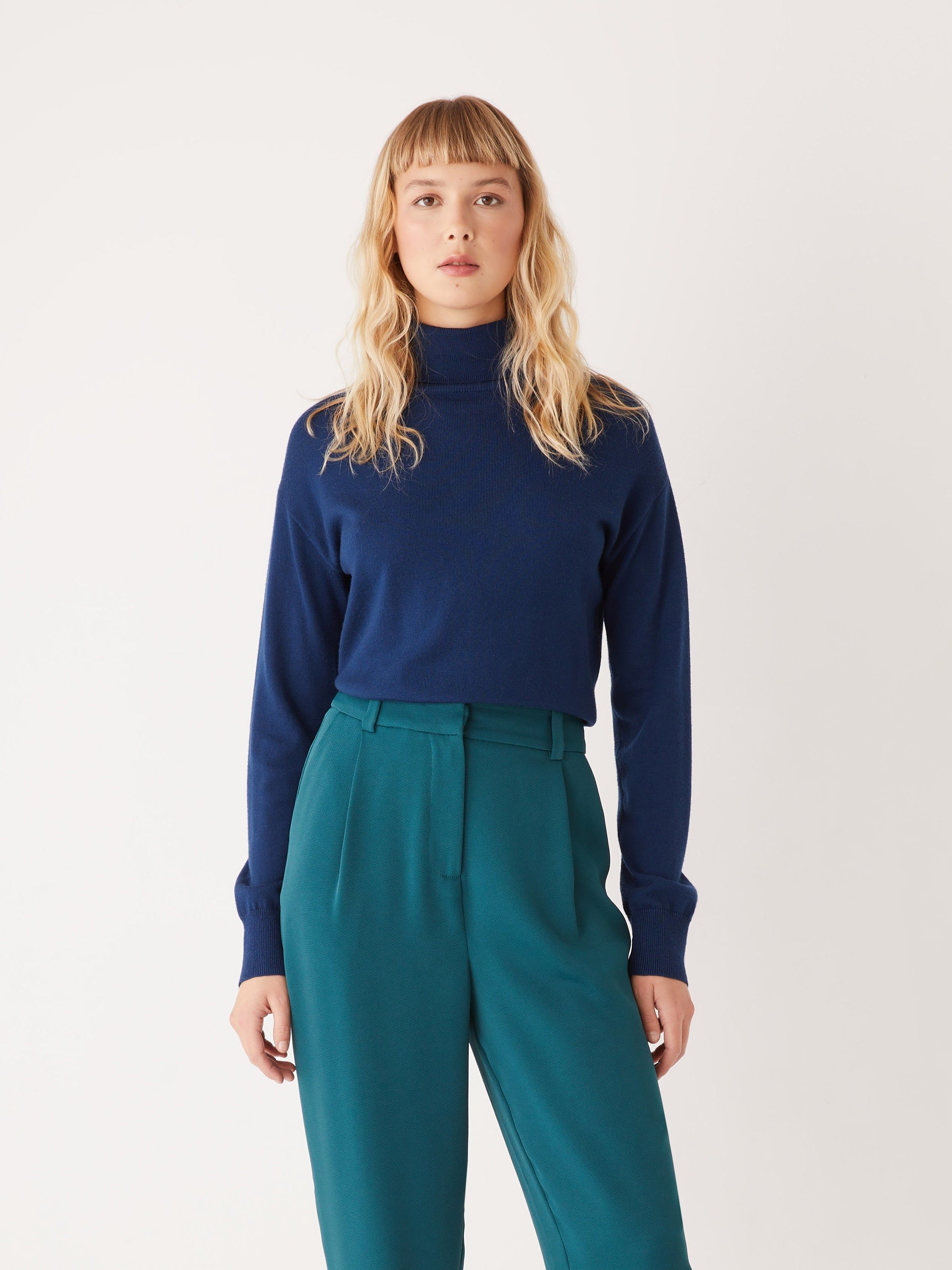 The Merino Mockneck Sweater in Dark Blue sold by Frank & Oak