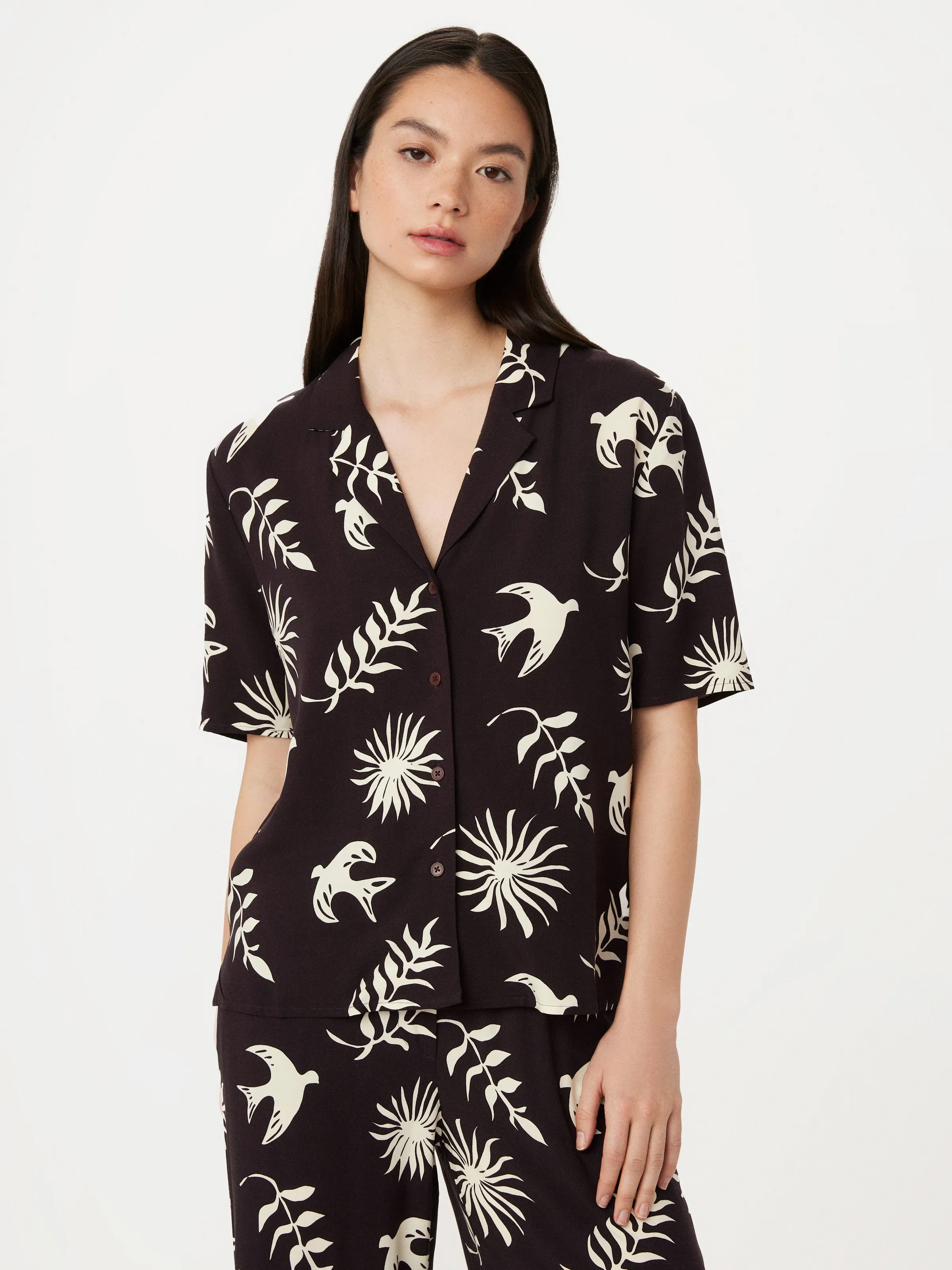 The Printed Camp Collar Blouse in Mahogany sold by Frank & Oak