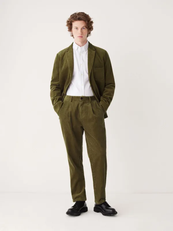 The Jamie Relaxed Tapered Fit Corduroy Pant in Dark Olive sold by Frank & Oak