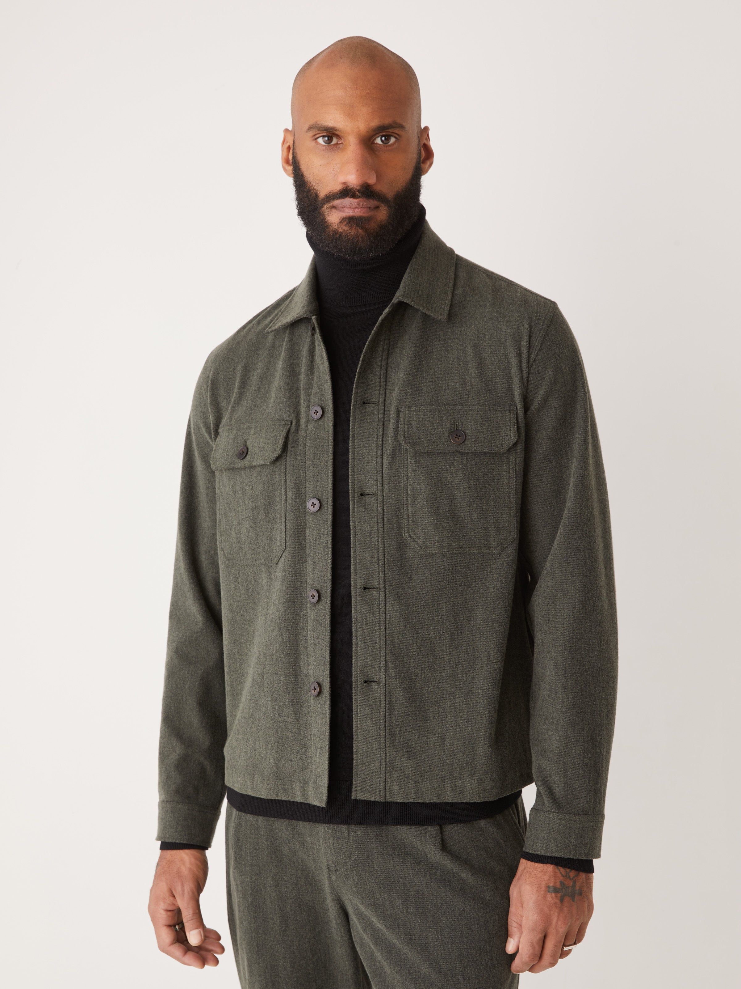 The Flex Brushed Overshirt in Green sold by Frank & Oak
