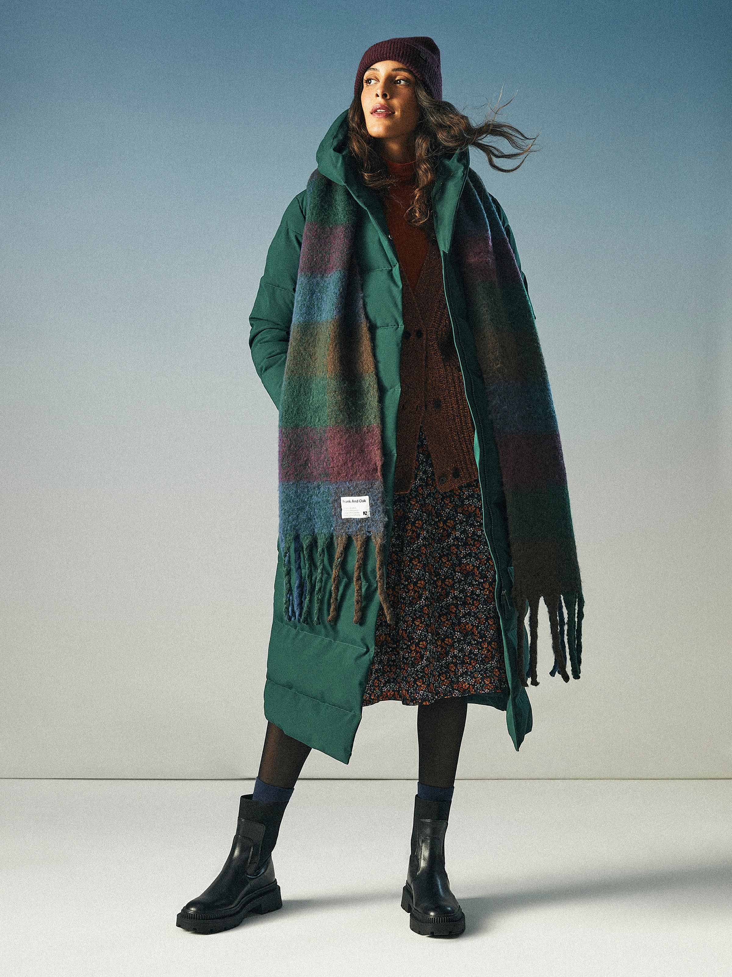 The Highland Long Puffer Coat in Pine Grove sold by Frank & Oak