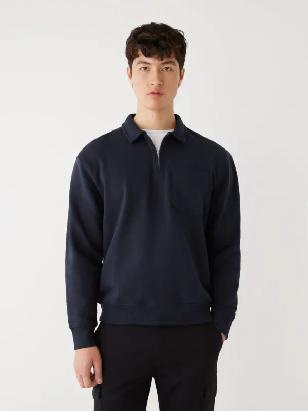 The Half-Zipped French Fleece Pullover in Night Sky Blue sold by Frank & Oak