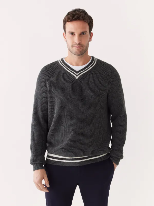 The Ribbed V Neck Sweater in Shadow Black sold by Frank & Oak