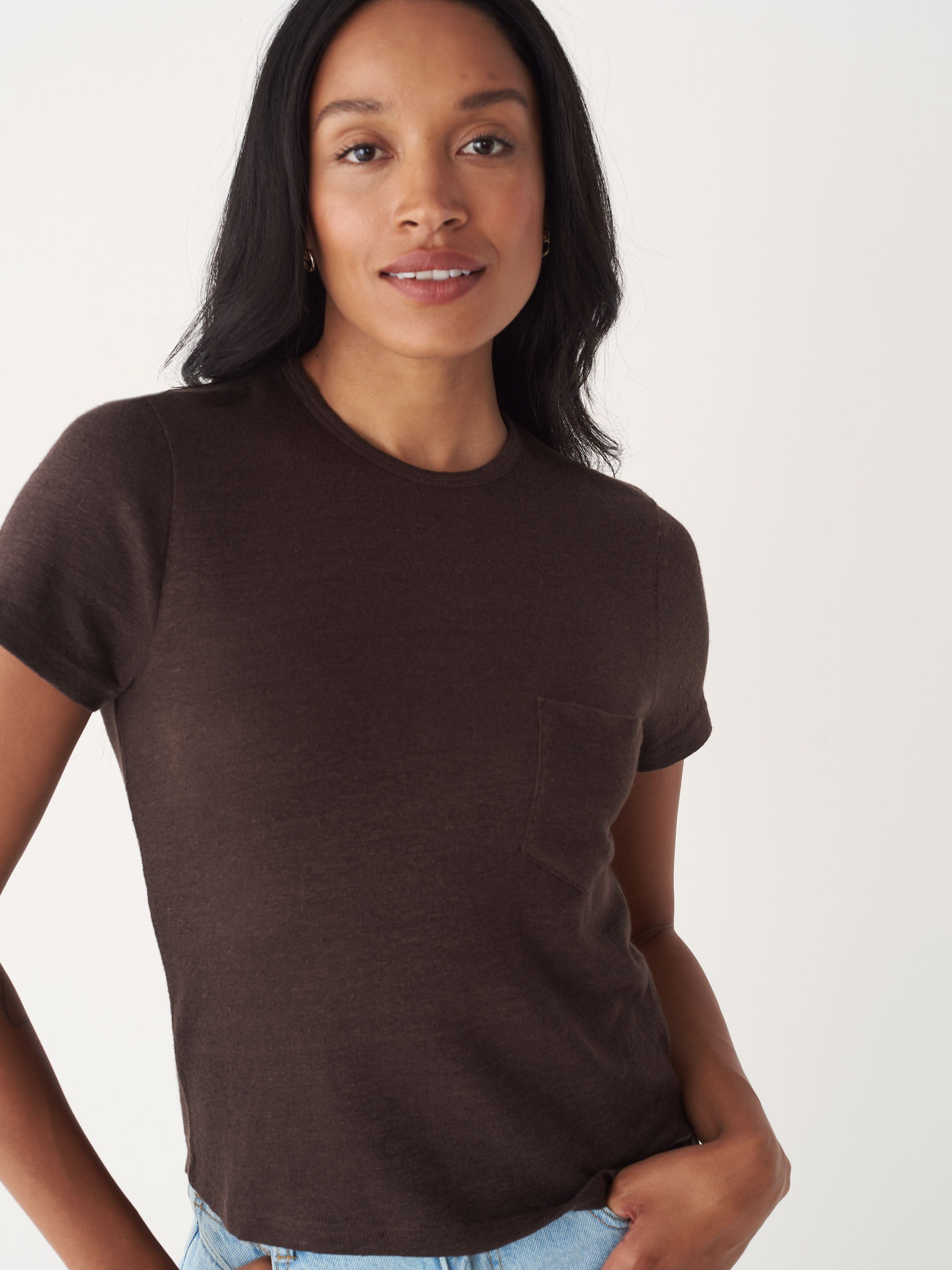 The Fluid Linen T-Shirt in Dark Brown sold by Frank & Oak
