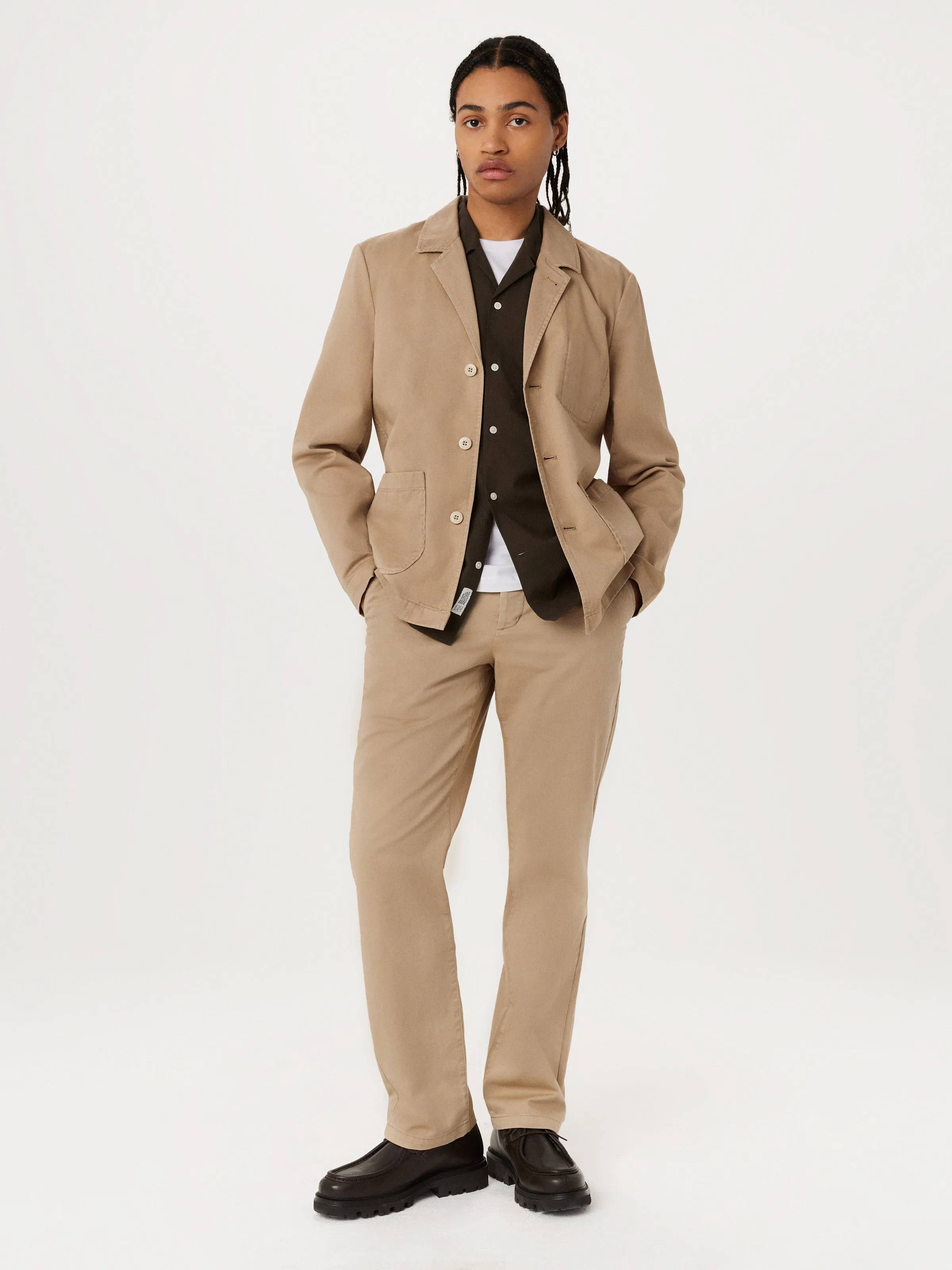 The 3-Button Twill Blazer in Sandstone sold by Frank & Oak