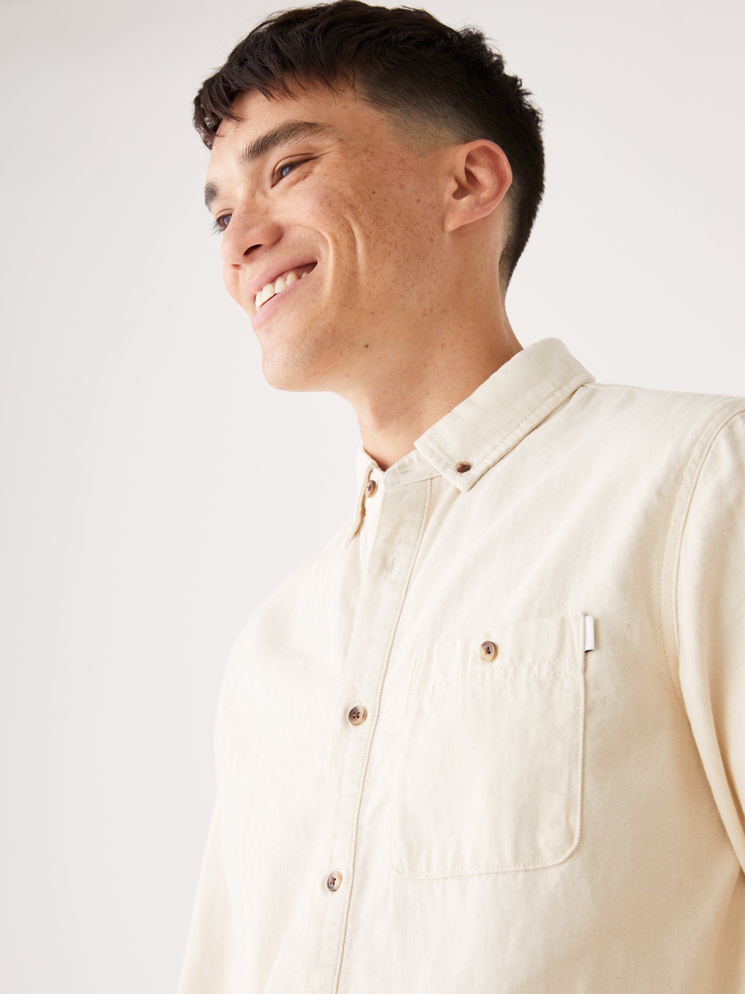 The Clark Denim Shirt in Beige sold by Frank & Oak