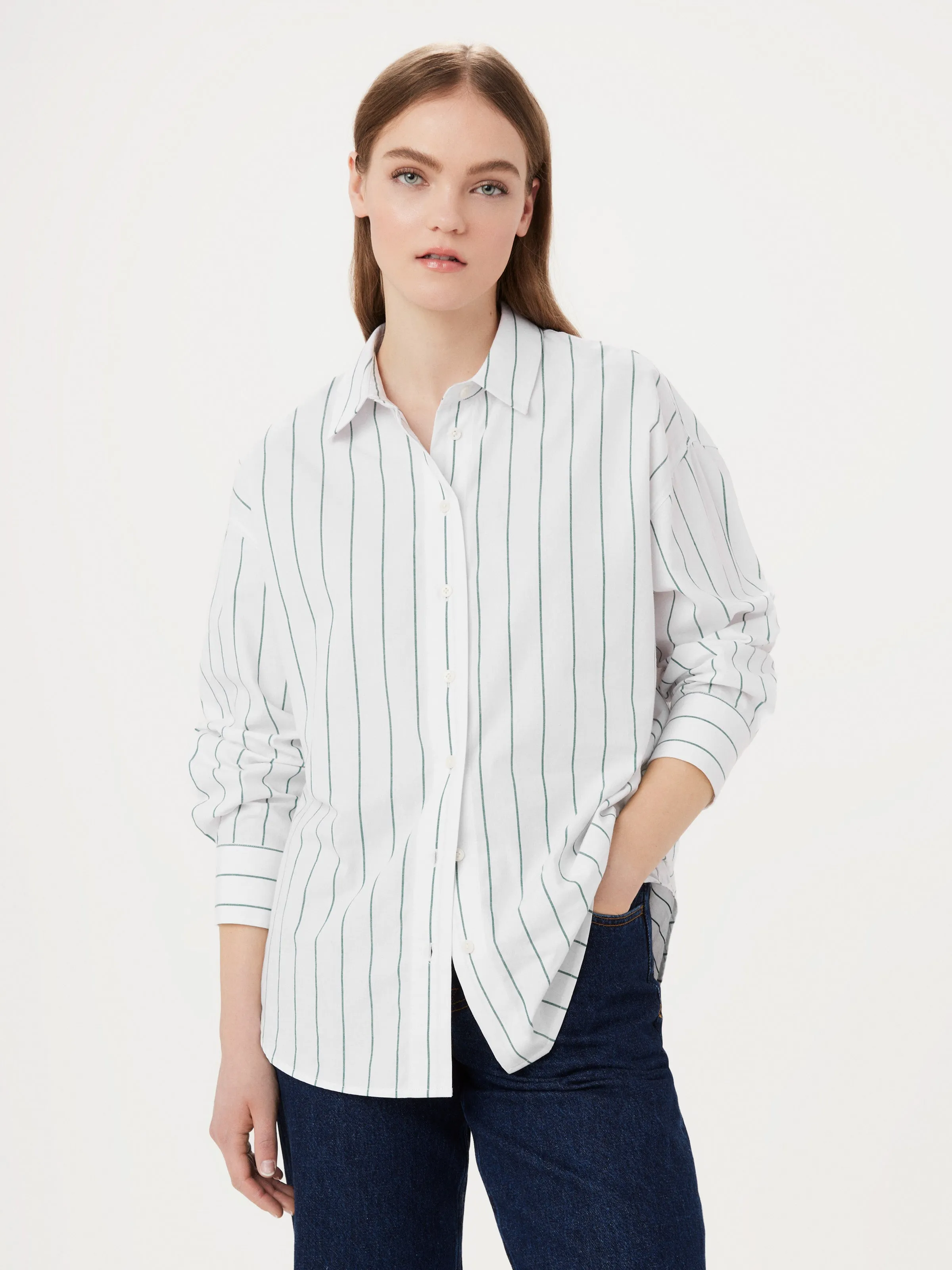 The Loose Striped Kapok Shirt in Dark Green sold by Frank & Oak