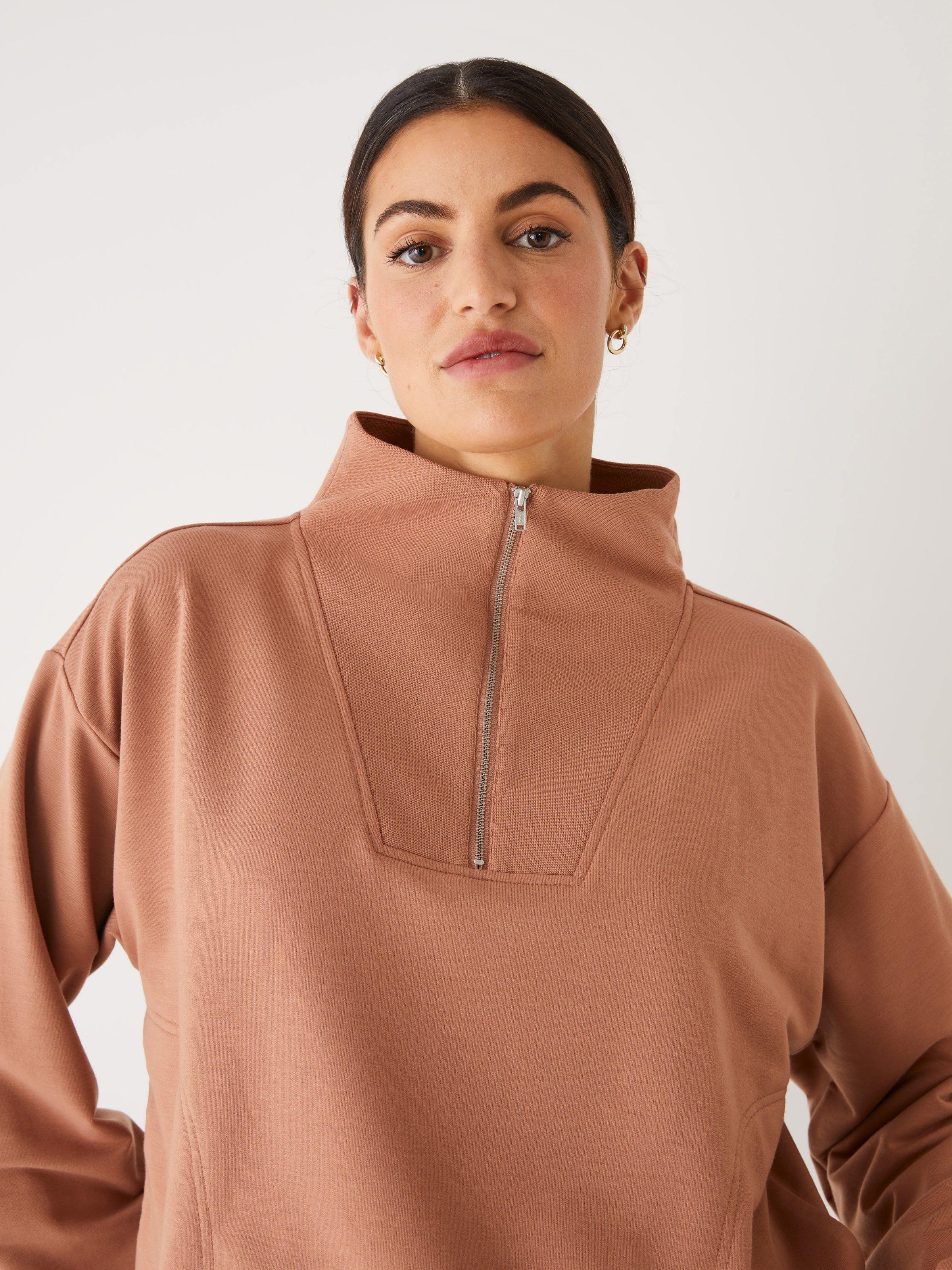 The Half-Zip Hybrid Mockneck in Mocha sold by Frank & Oak