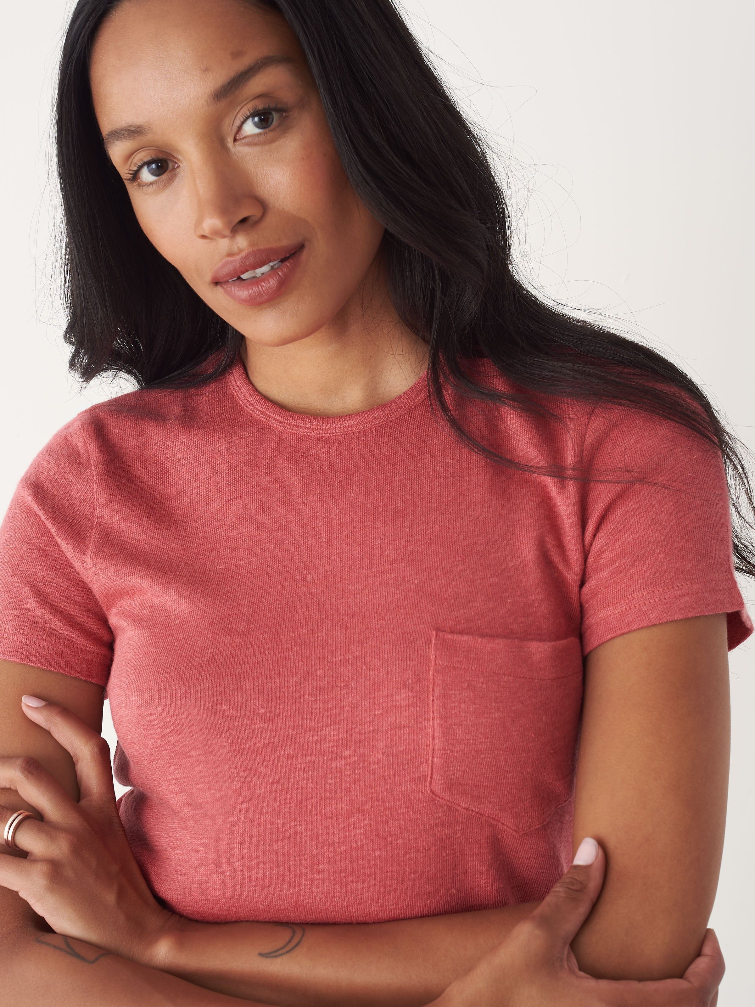 The Fluid Linen T-Shirt in Hibiscus Red sold by Frank & Oak