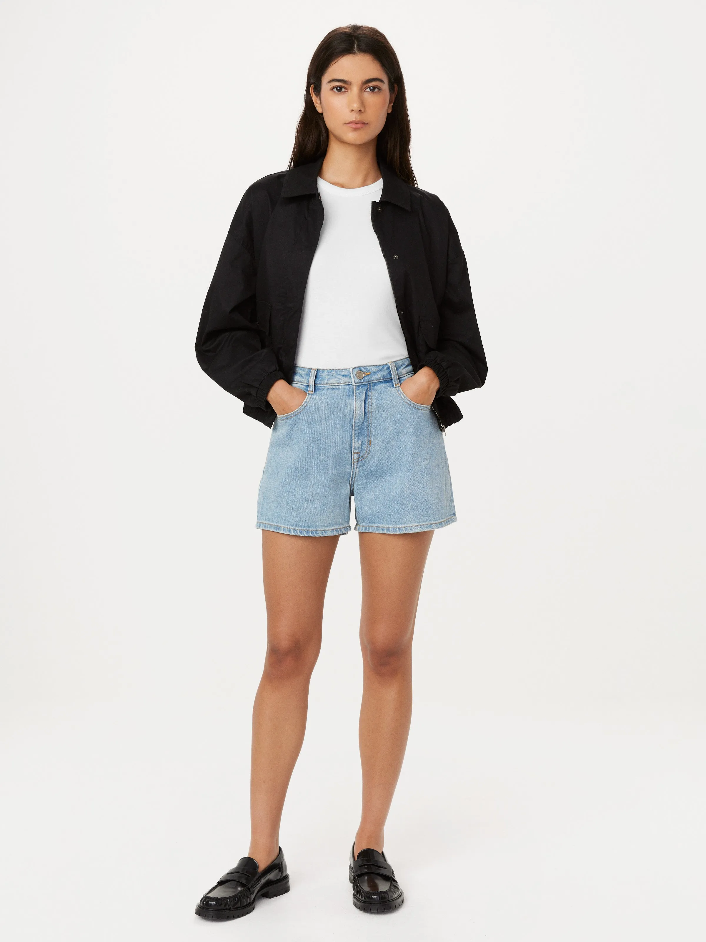 The Stevie Tapered Denim Short in Light Wash sold by Frank & Oak