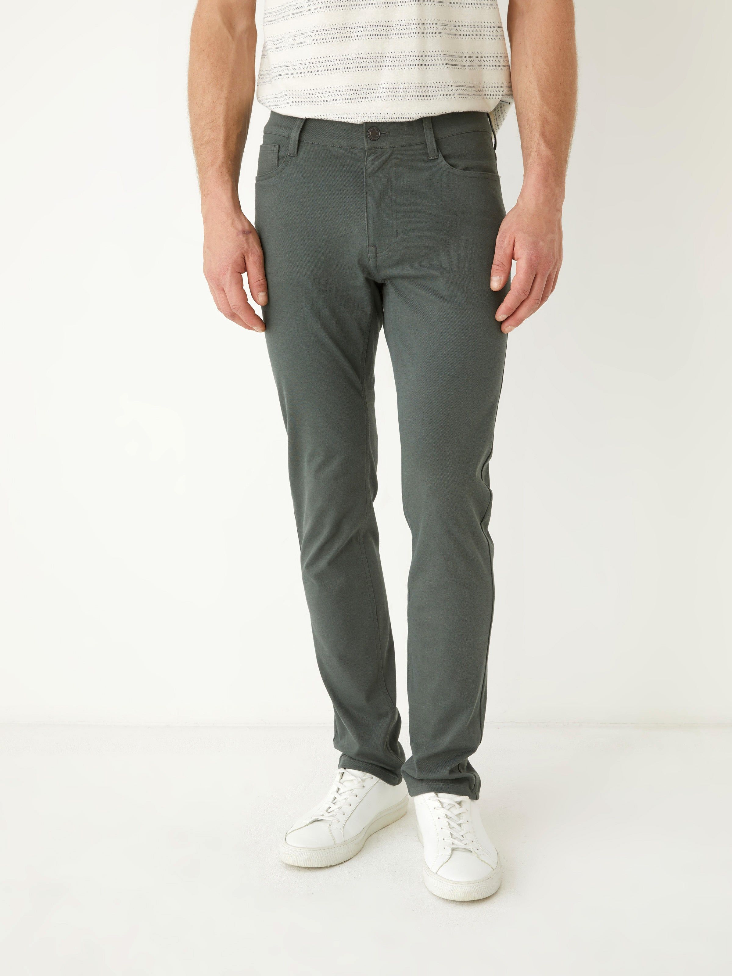 The Slim Flex Pant in Smoked Green sold by Frank & Oak