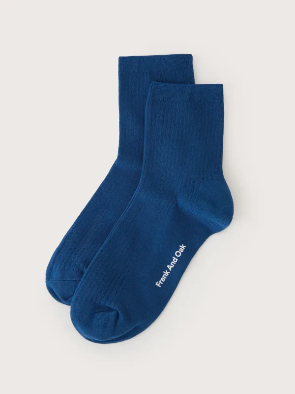 The Organic Cotton Ribbed Socks in Estate Blue sold by Frank & Oak