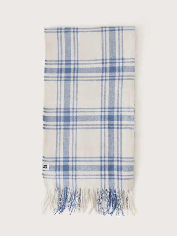 The Wool Blend Long Checkered Scarf in Blue Horizon sold by Frank & Oak