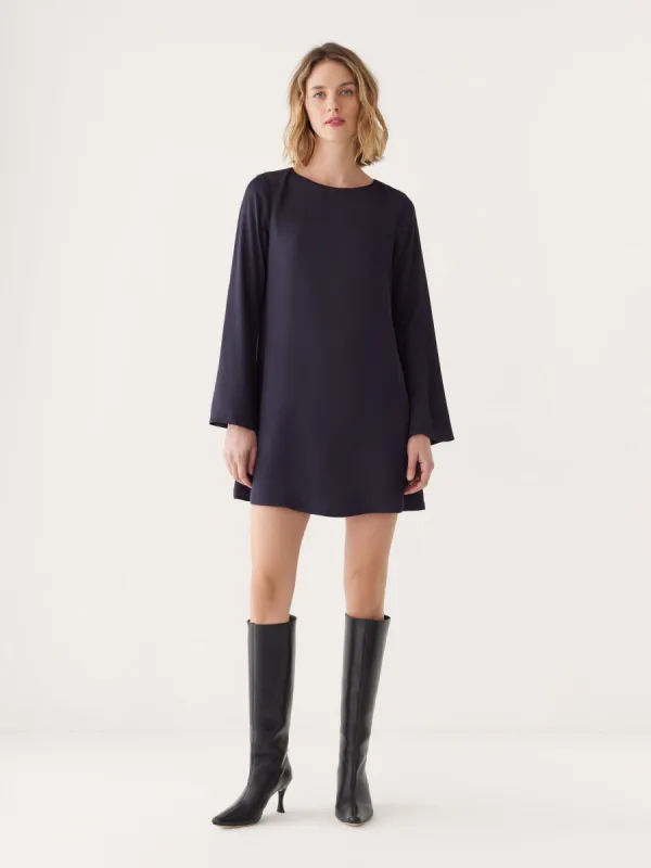 The Satin Bell Sleeve Dress in Dark Blue sold by Frank & Oak