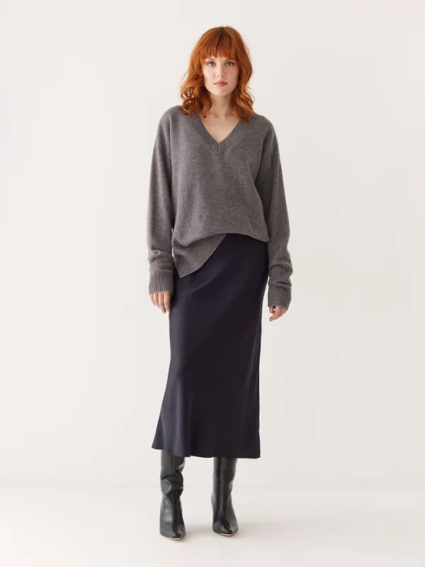 The Satin Midi Skirt in Dark Blue sold by Frank & Oak