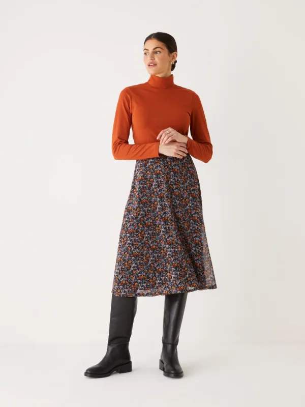 The Printed Chiffon Midi Skirt in Orchid sold by Frank & Oak