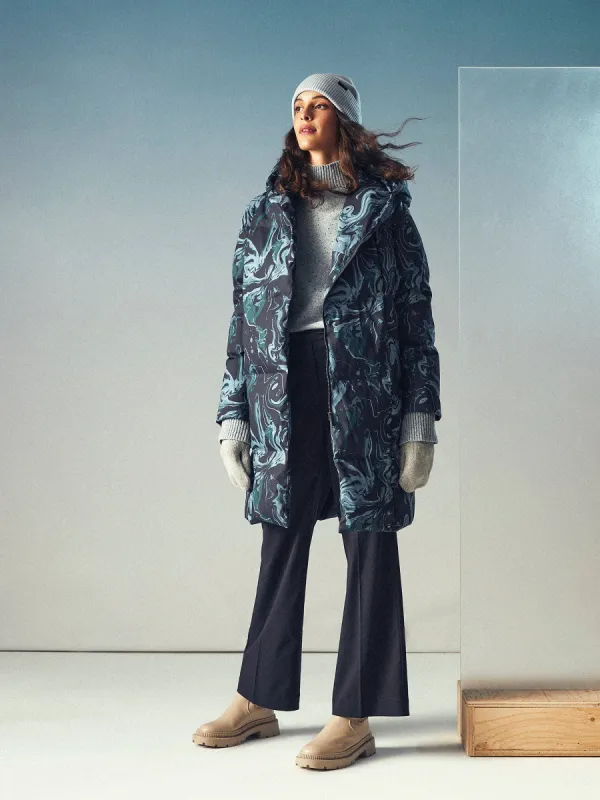 The Printed Hygge Puffer Coat in Dark Blue sold by Frank & Oak