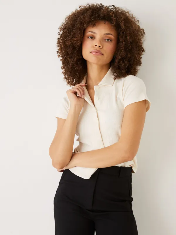 The Slim Fit Button-Up T-Shirt in Beige sold by Frank & Oak