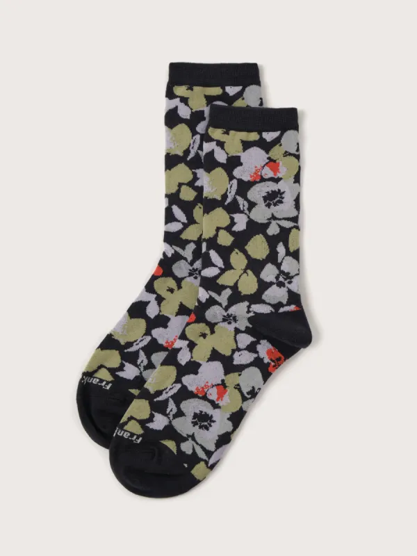 The Calf-Length Floral Socks in Deep Blue sold by Frank & Oak