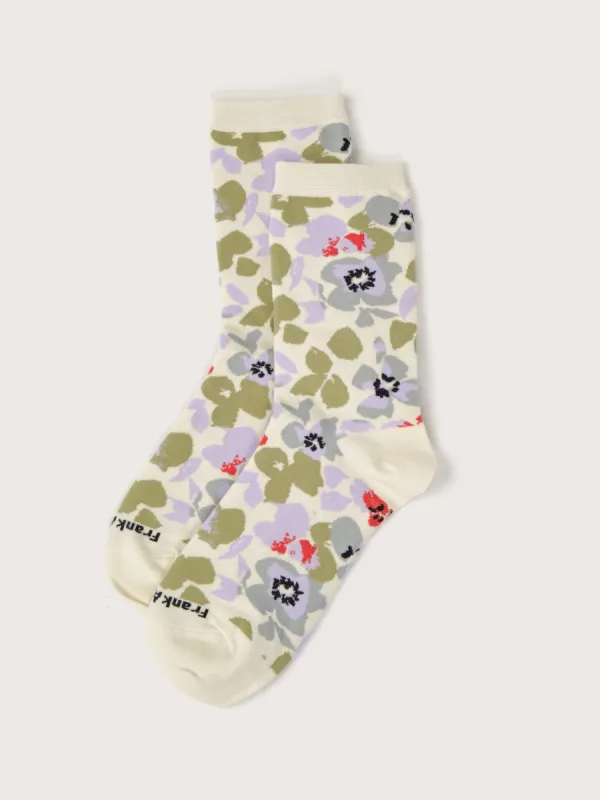 The Calf-Length Floral Socks in White sold by Frank & Oak
