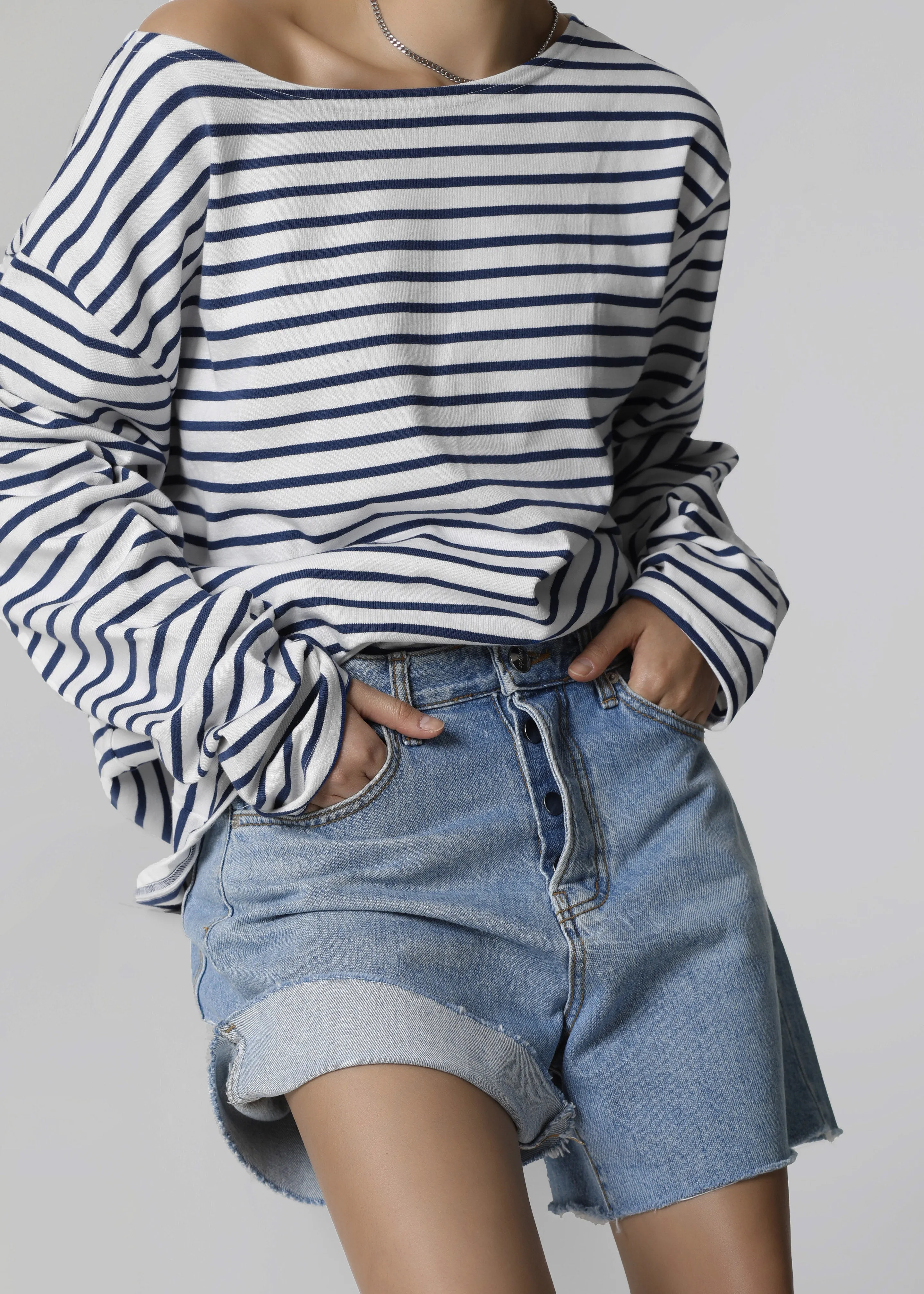 Neha Cropped Top - Navy Stripe sold by Frankie Shop