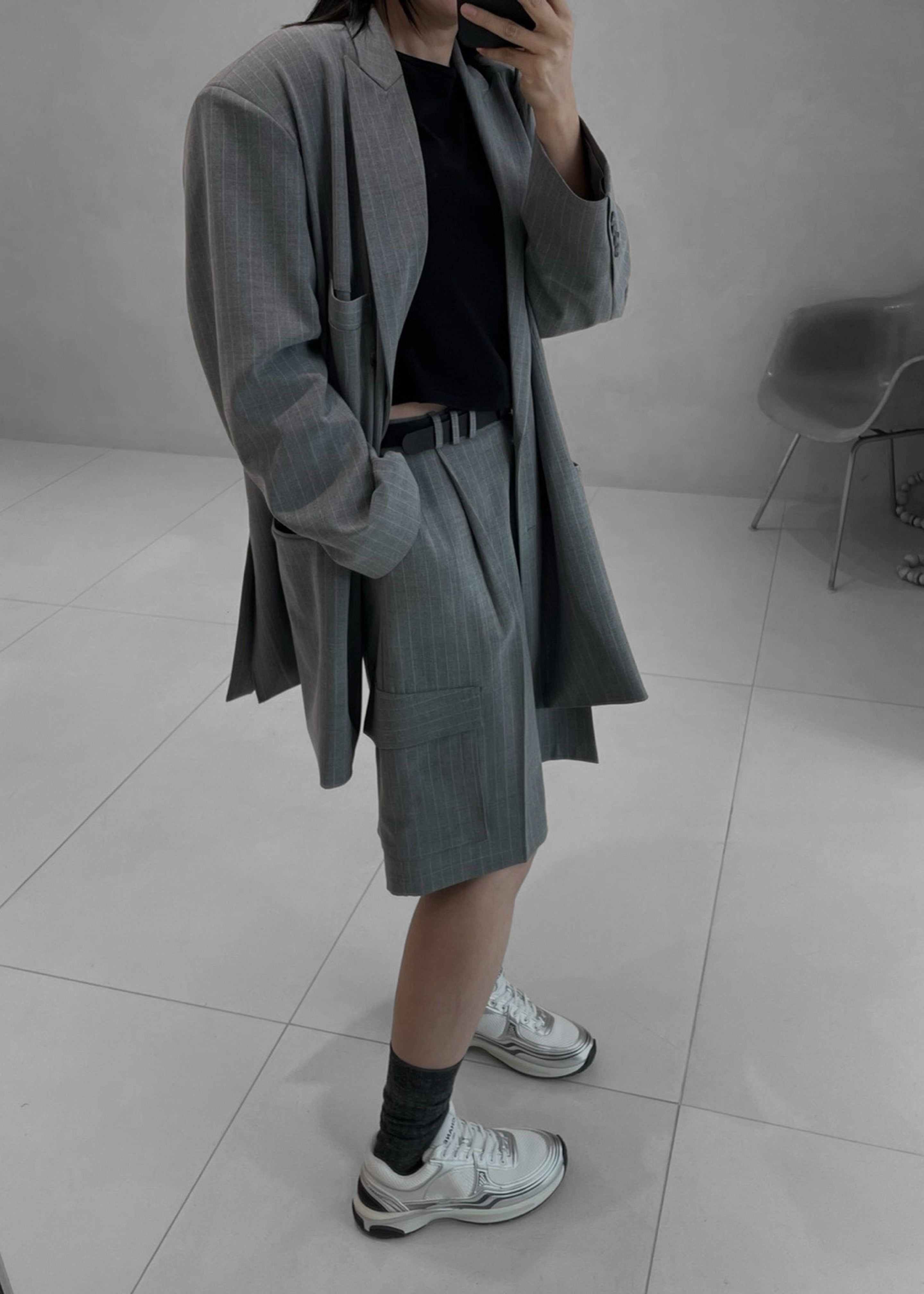 Omoka Cargo Trouser Shorts - Grey Pinstripe sold by Frankie Shop product image thumbnail 4
