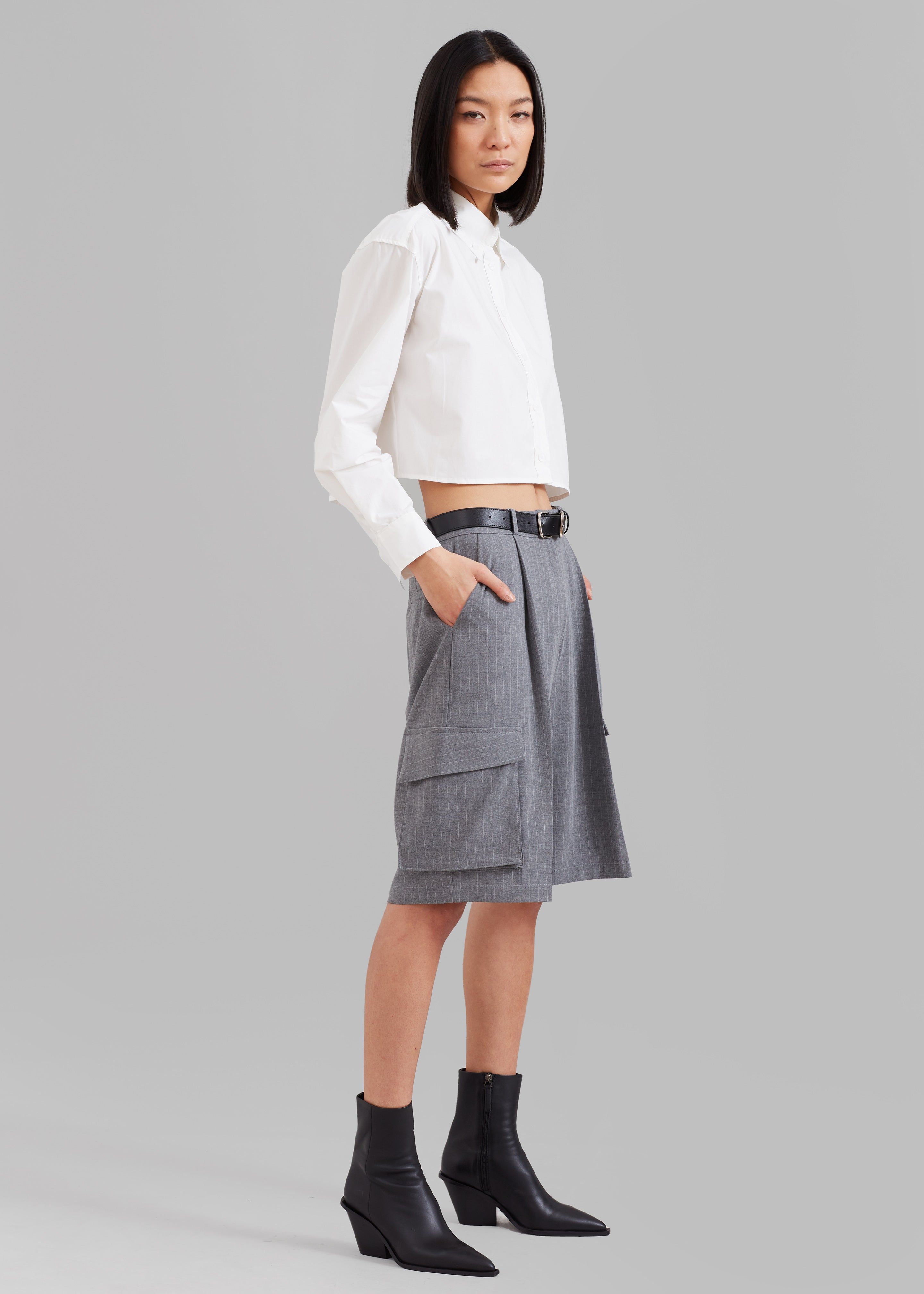 Omoka Cargo Trouser Shorts - Grey Pinstripe sold by Frankie Shop