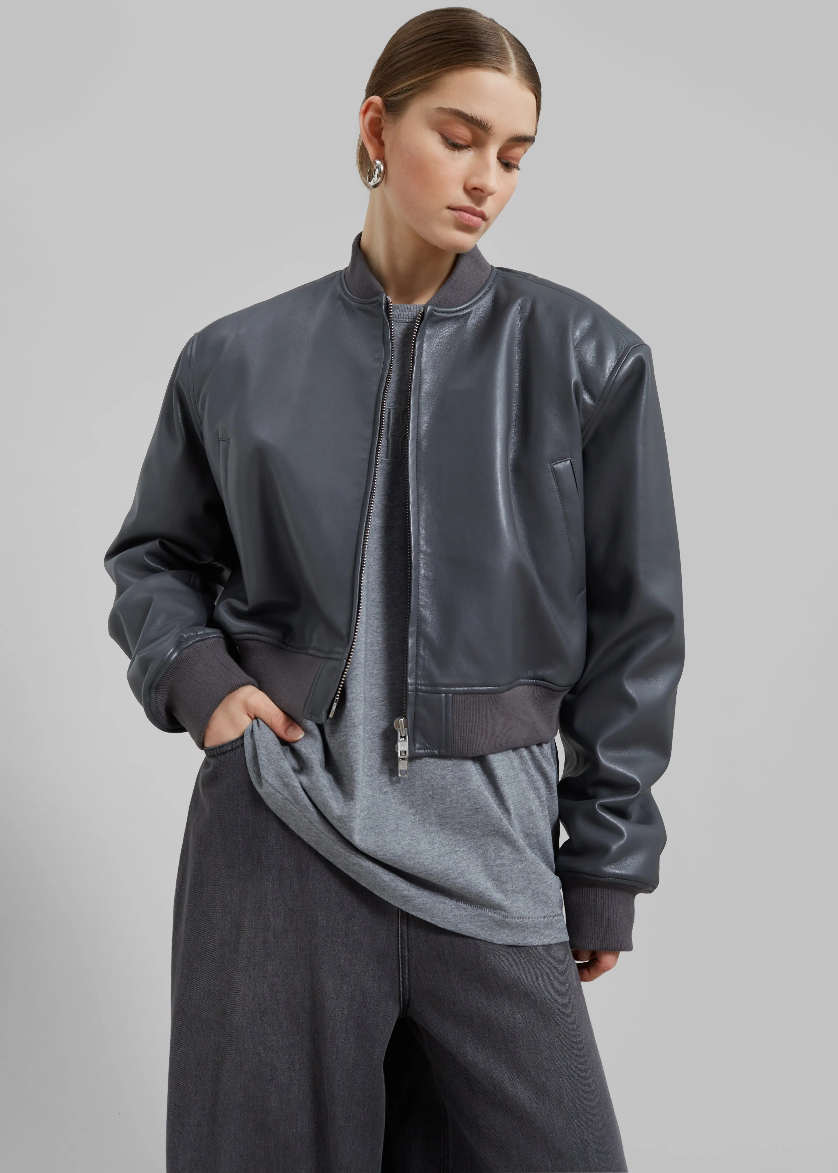 Micky Faux Leather Cropped Bomber - Grey sold by Frankie Shop product image thumbnail 5
