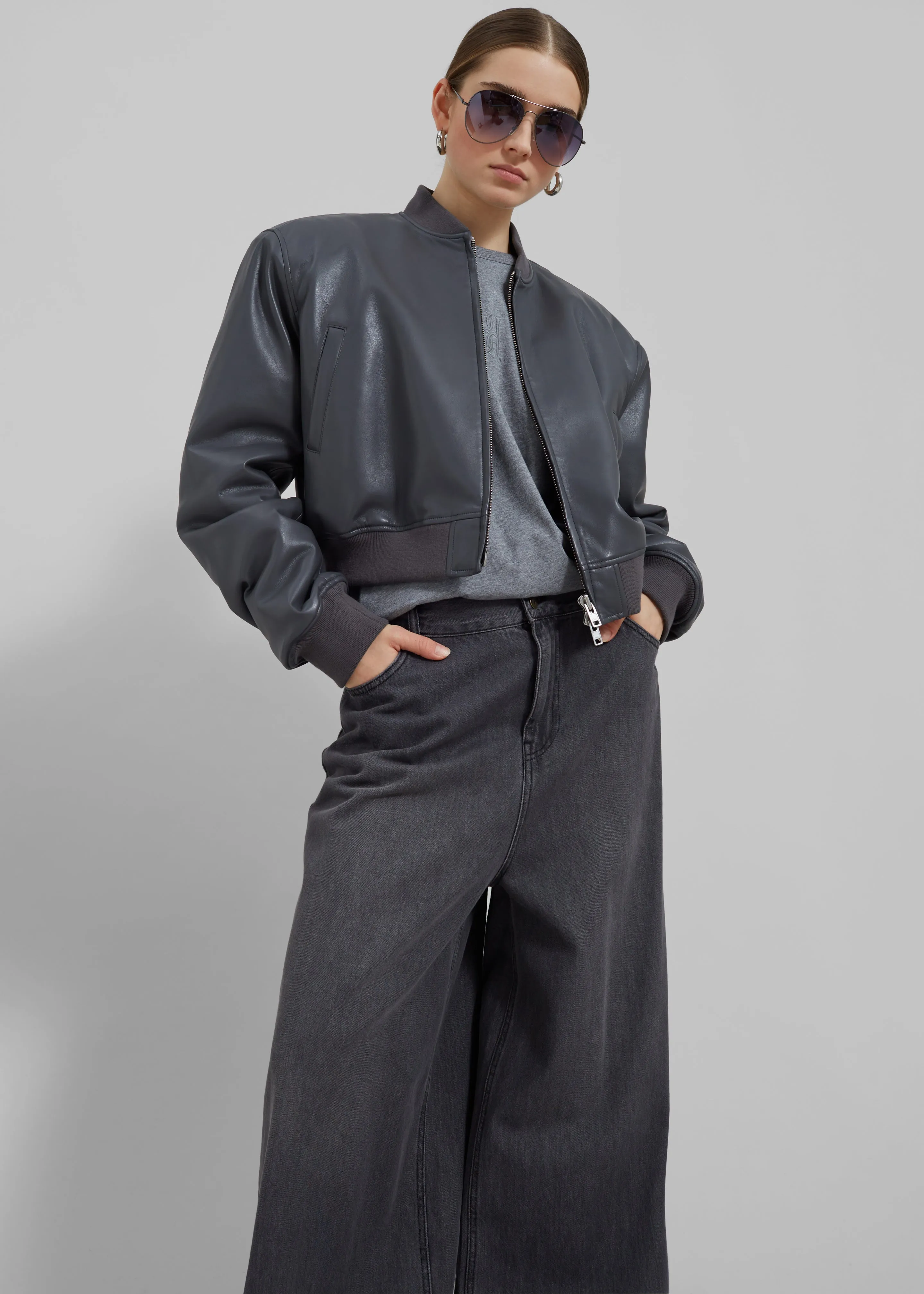 Micky Faux Leather Cropped Bomber - Grey sold by Frankie Shop