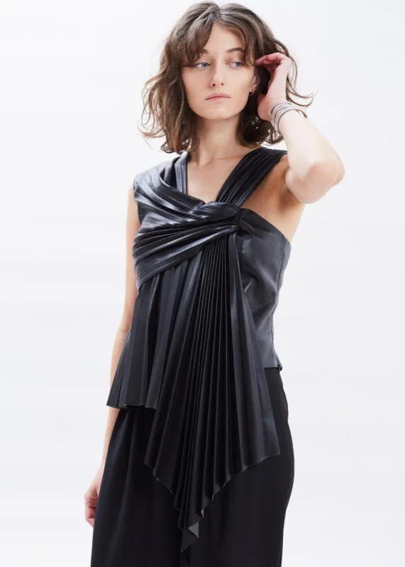 Nanushka Adrie Pleated Vegan Leather Top - Black sold by Frankie Shop