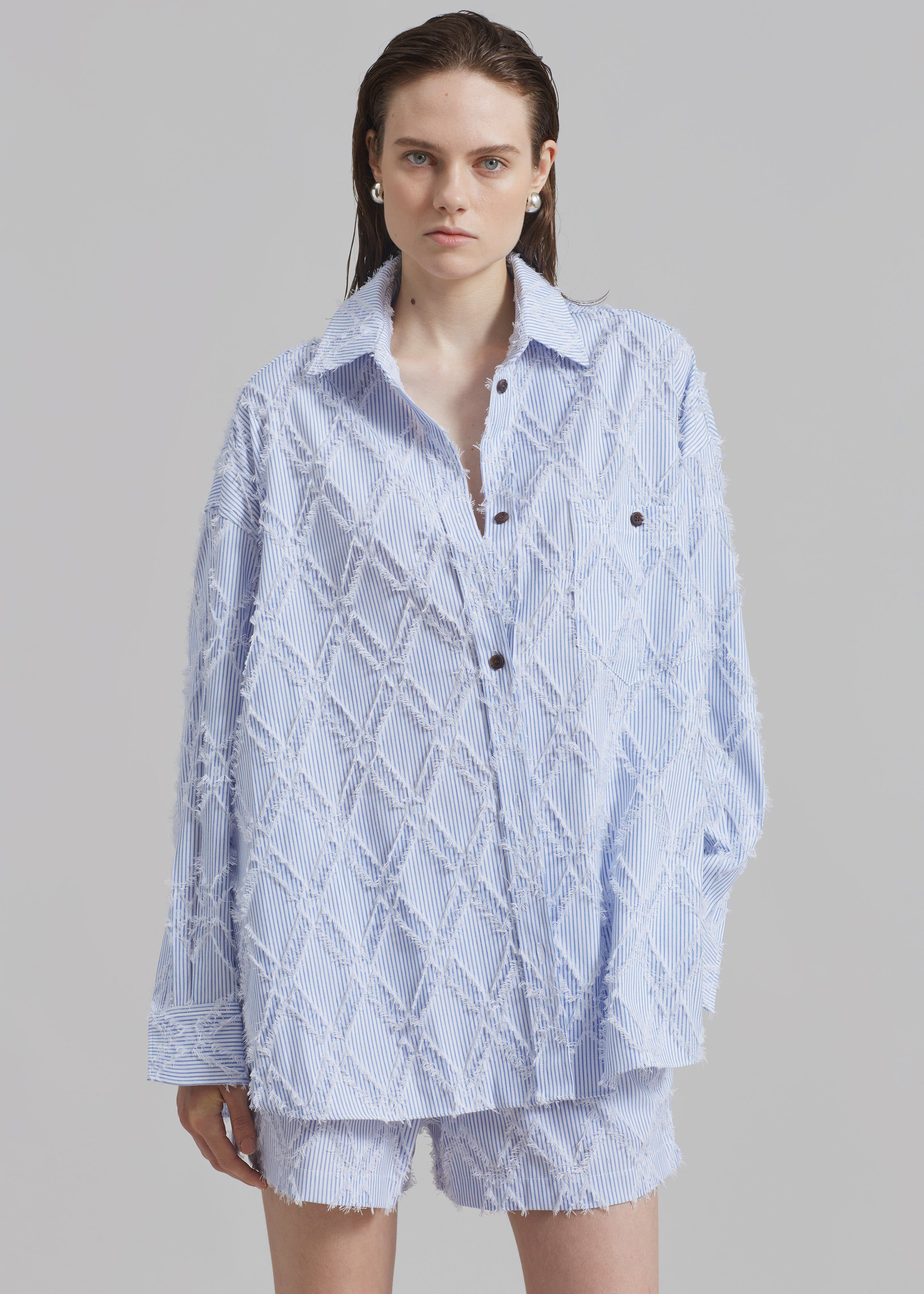 Frankie Shop Este Fringe Button Up Shirt - Blue Stripe