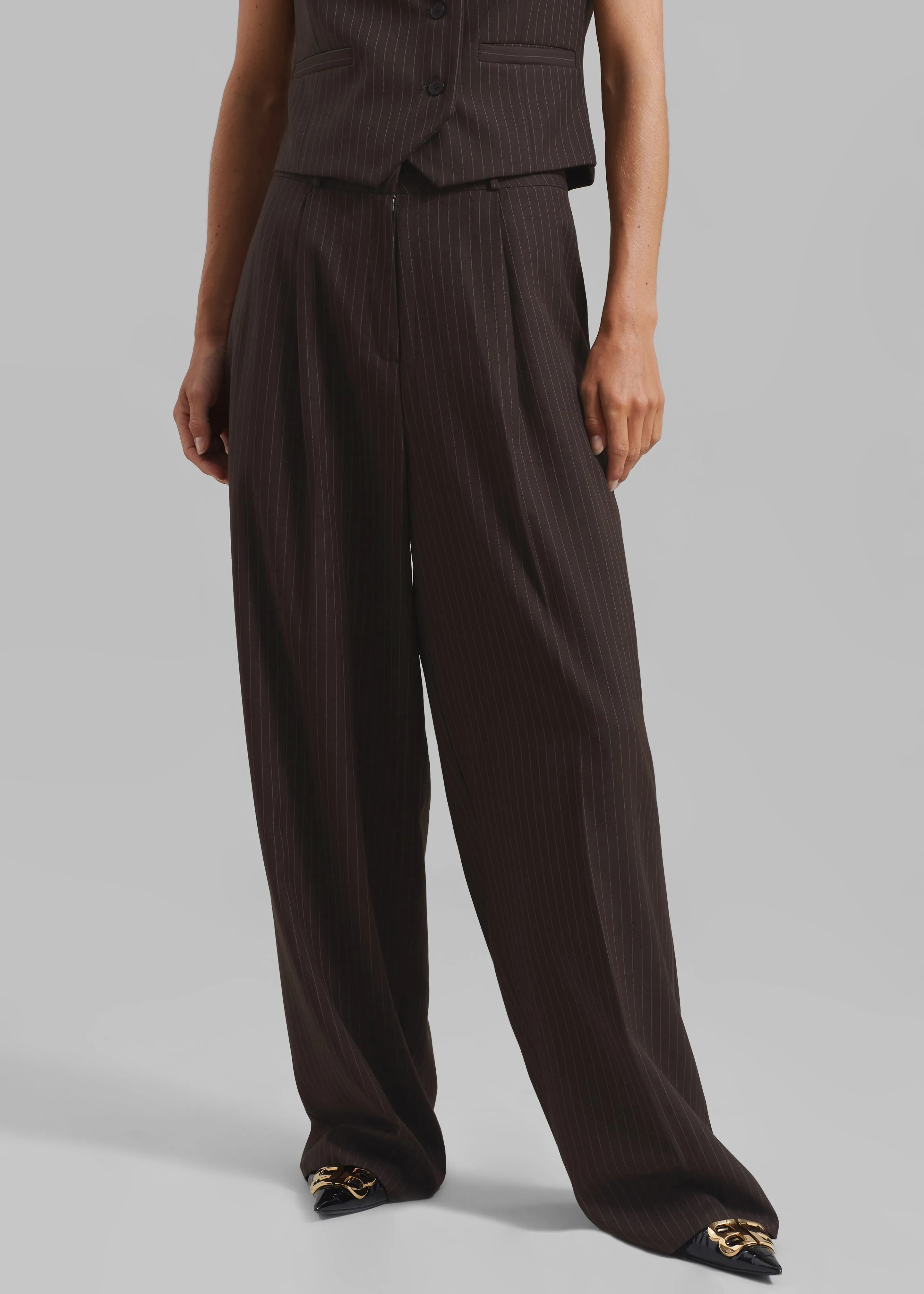 Ivey Pintuck Trousers - Brown/White Pinstripe sold by Frankie Shop