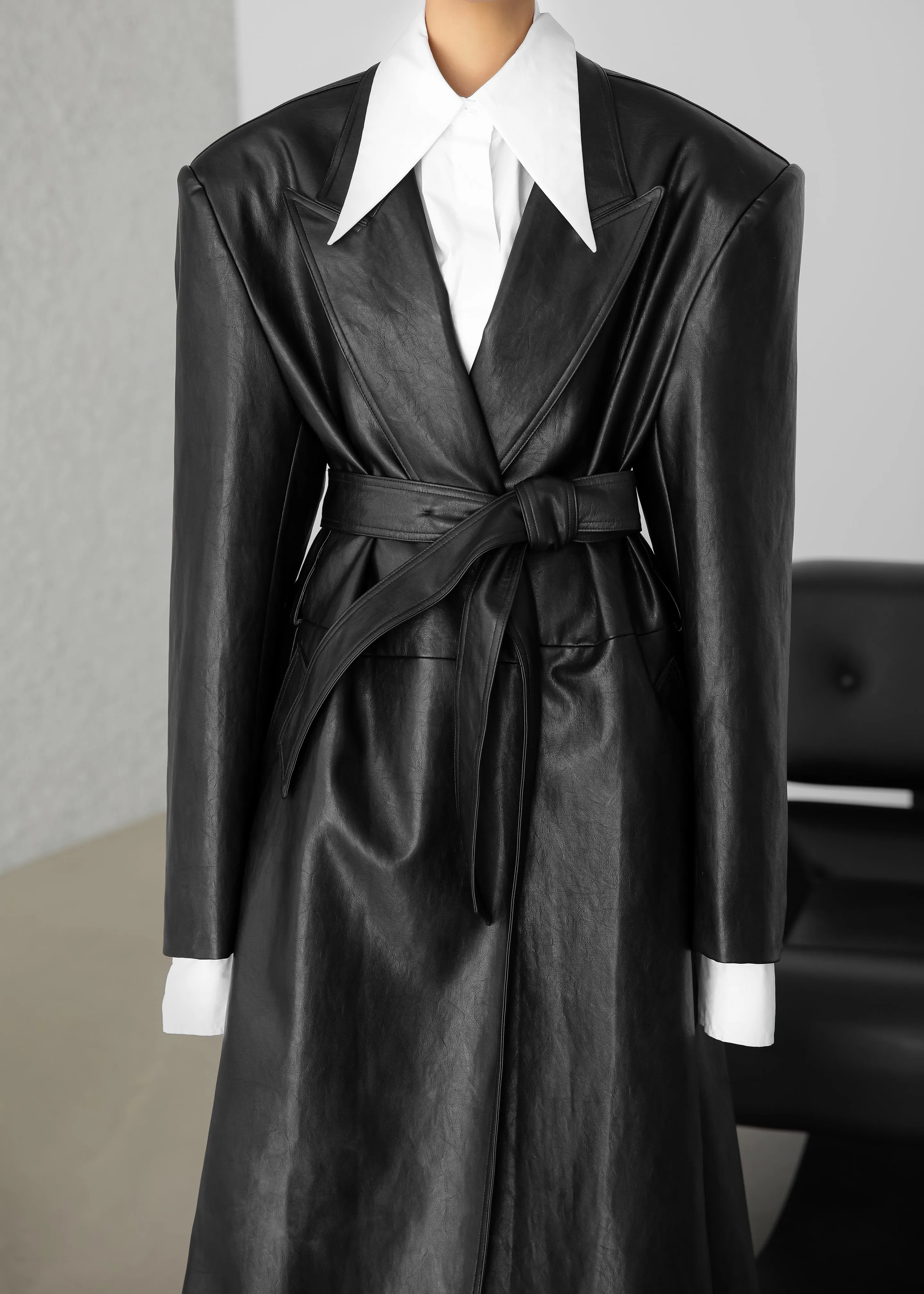Connie Faux Leather Belted Trench Coat - Black sold by Frankie Shop product image thumbnail 2