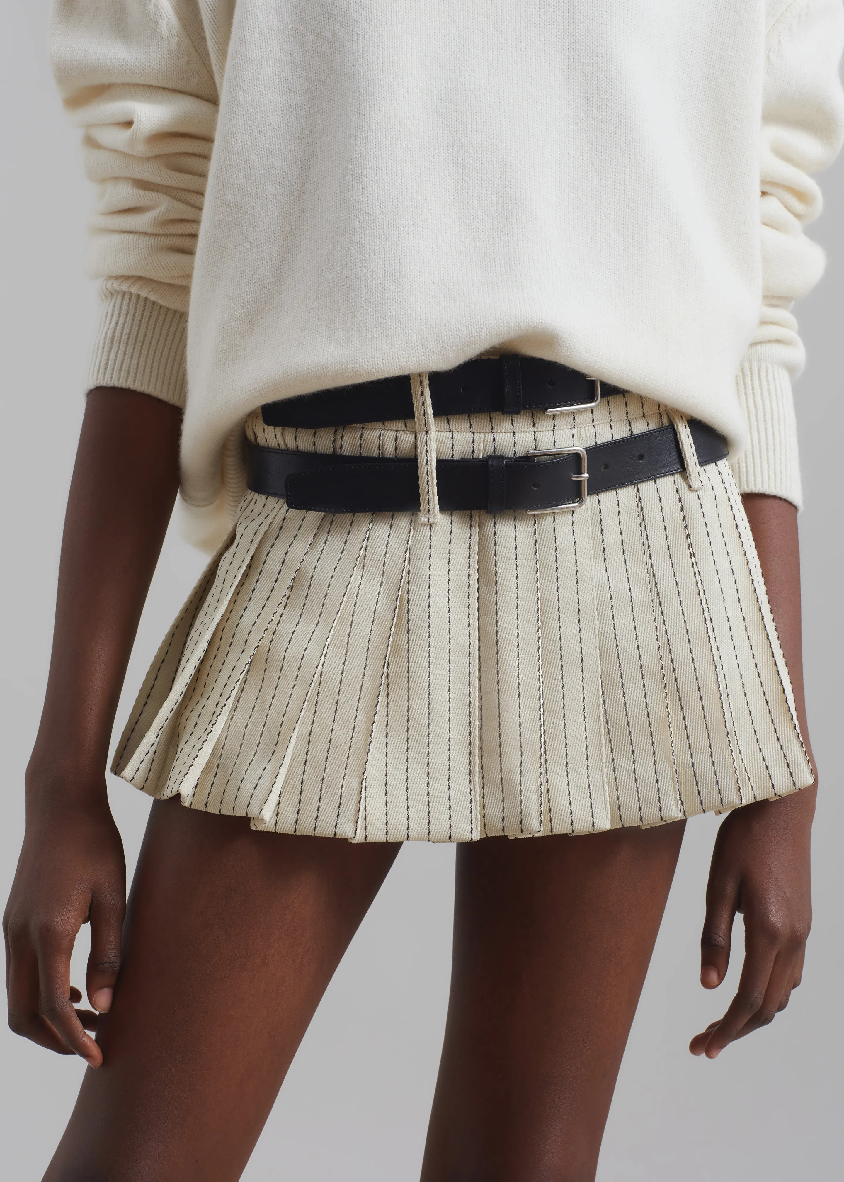 Blake Pleated Twill Mini Skirt - Light Beige/Black Pinstripe sold by Frankie Shop product image thumbnail 3