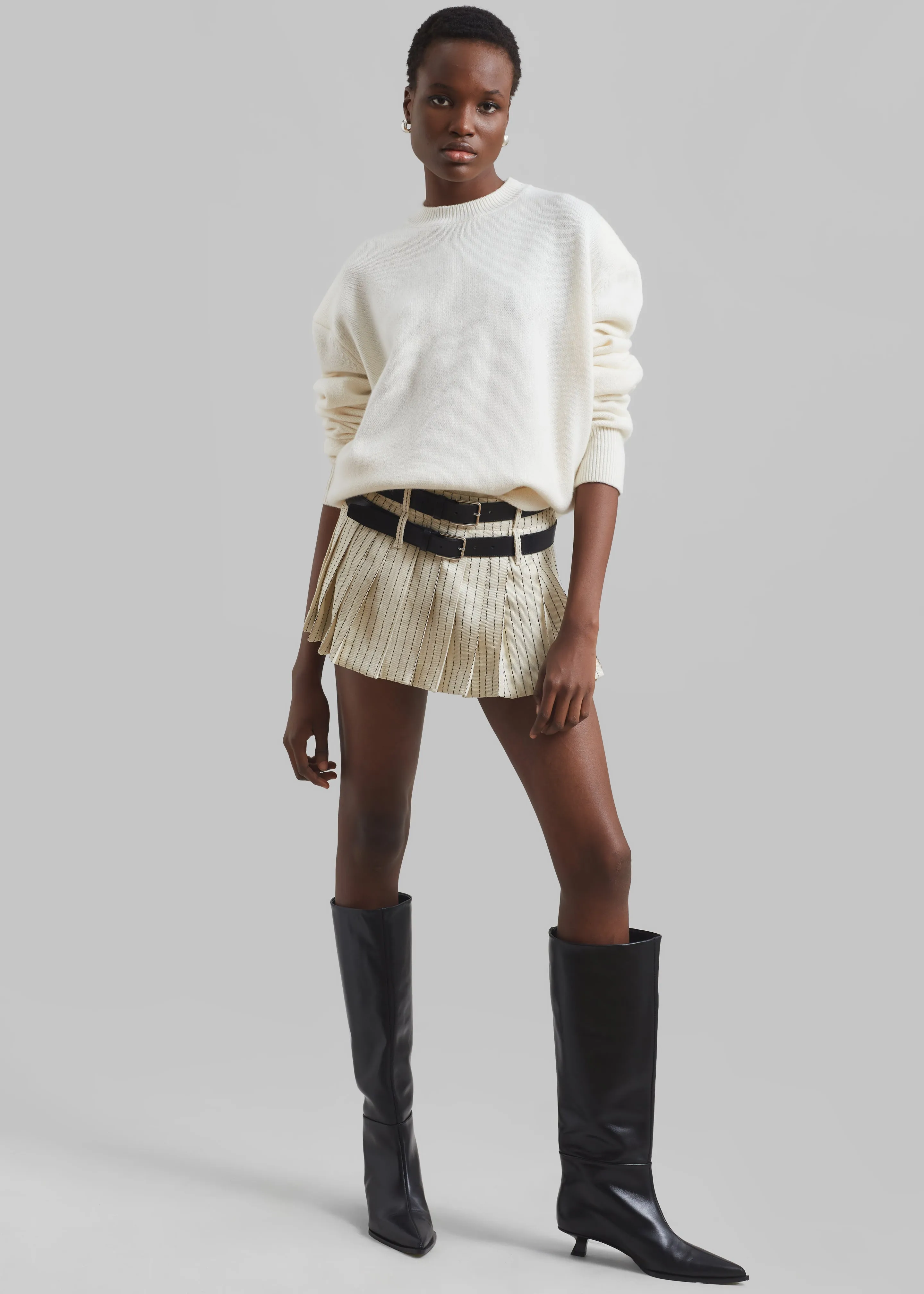 Blake Pleated Twill Mini Skirt - Light Beige/Black Pinstripe sold by Frankie Shop product image thumbnail 2