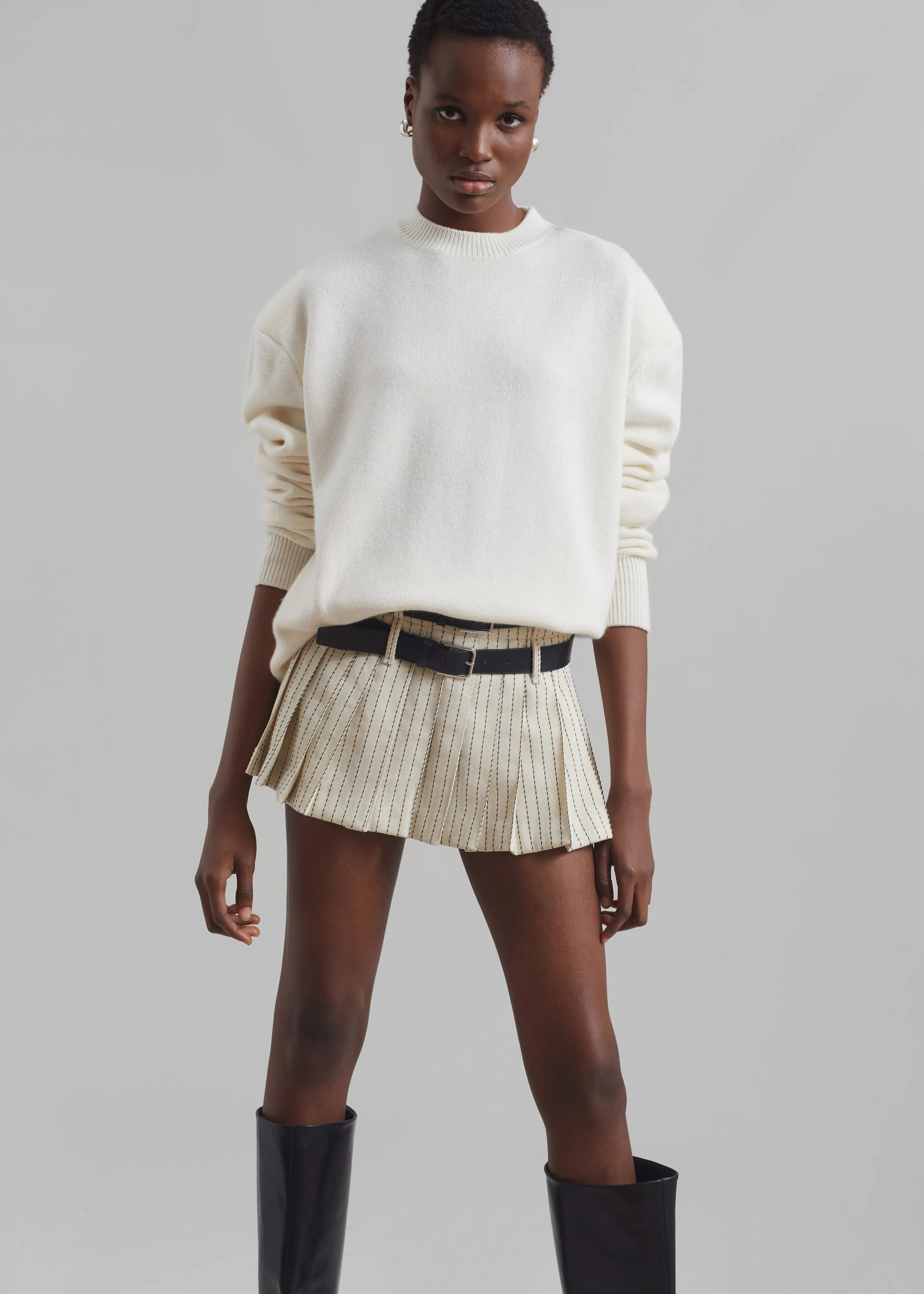 Blake Pleated Twill Mini Skirt - Light Beige/Black Pinstripe sold by Frankie Shop product image thumbnail 4
