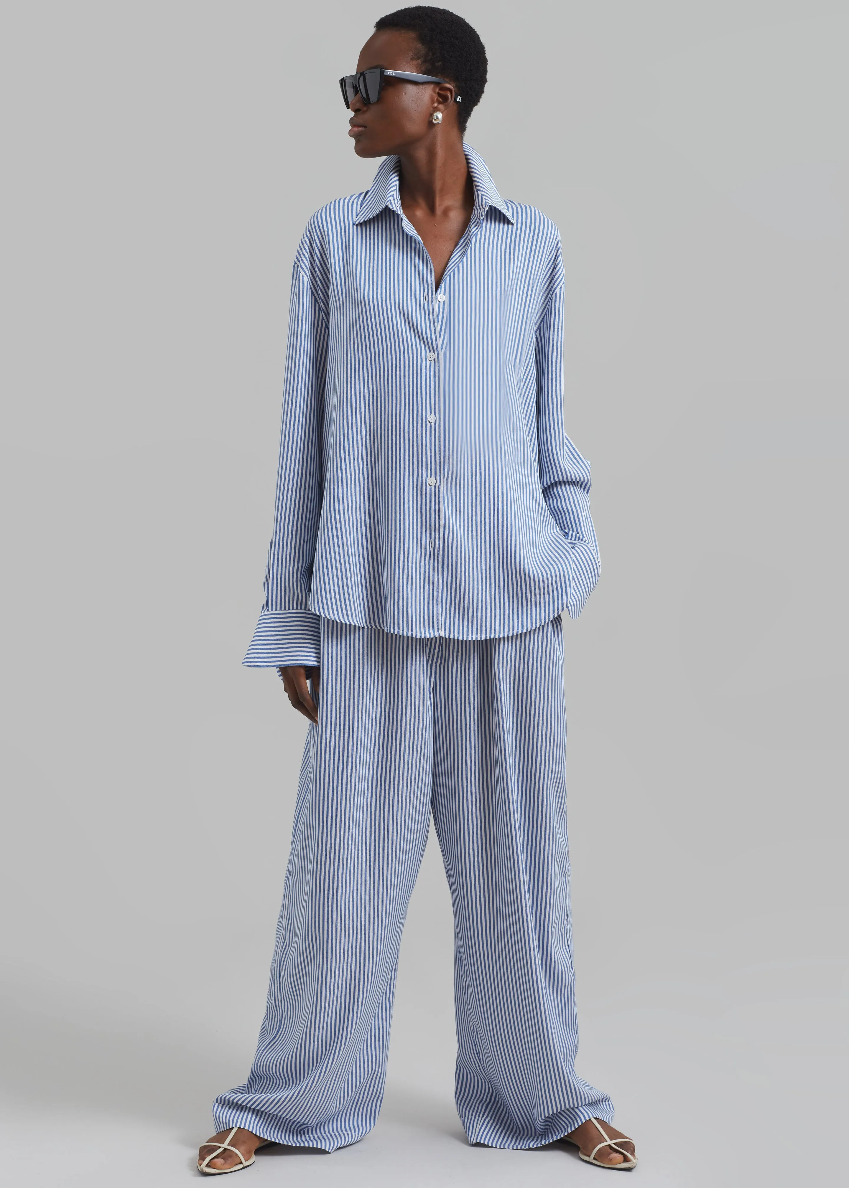 Mirca Fluid Elastic Pants - White/Blue Stripe sold by Frankie Shop