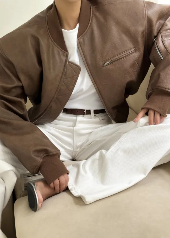 Gae Faux Leather Cropped Bomber - Brown sold by Frankie Shop