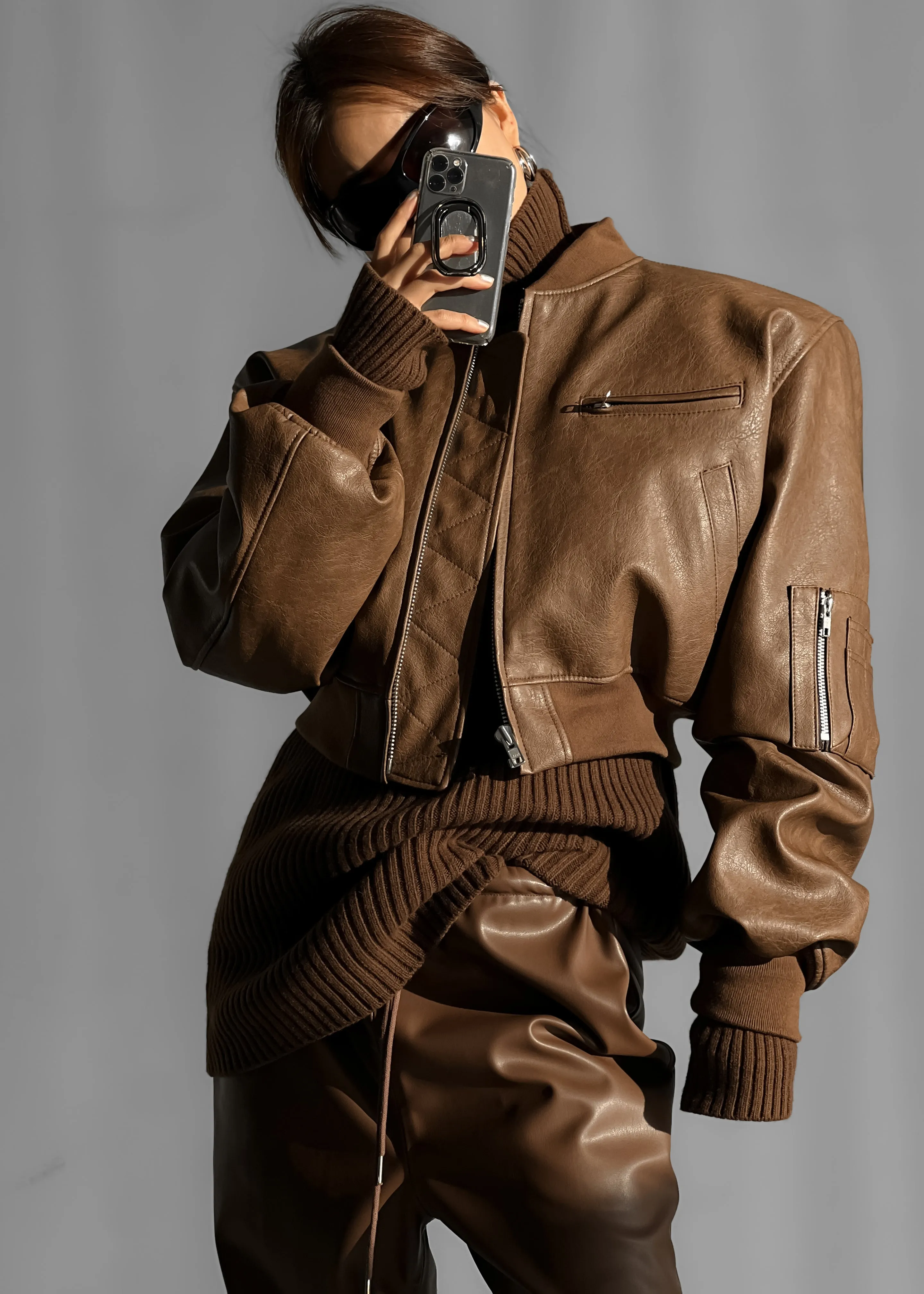 Gae Faux Leather Cropped Bomber - Brown sold by Frankie Shop product image thumbnail 2